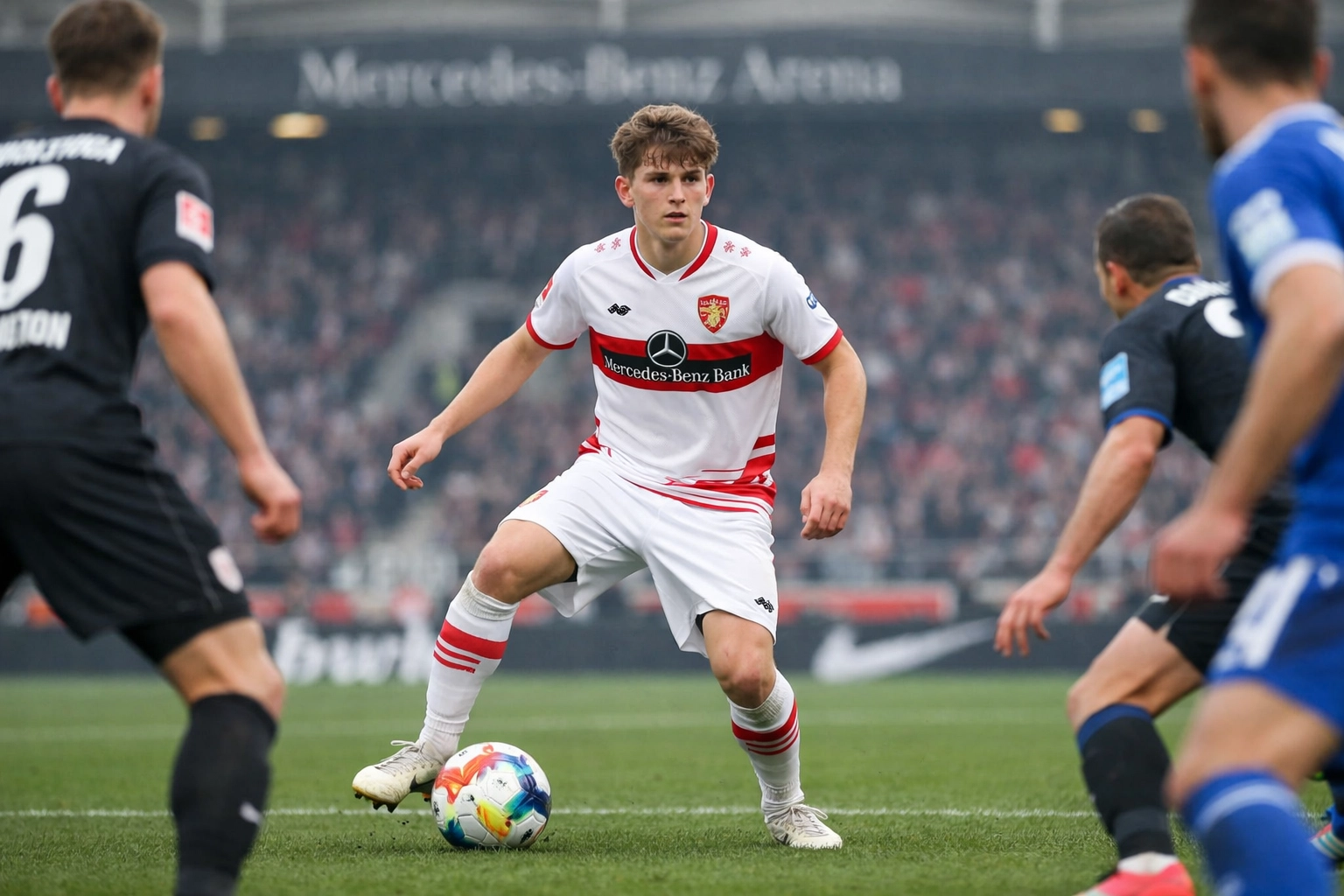 Finn Jeltsch vom VfB Stuttgart im Mittelfeld mit Ball am Fuß im Bundesliga-Spiel