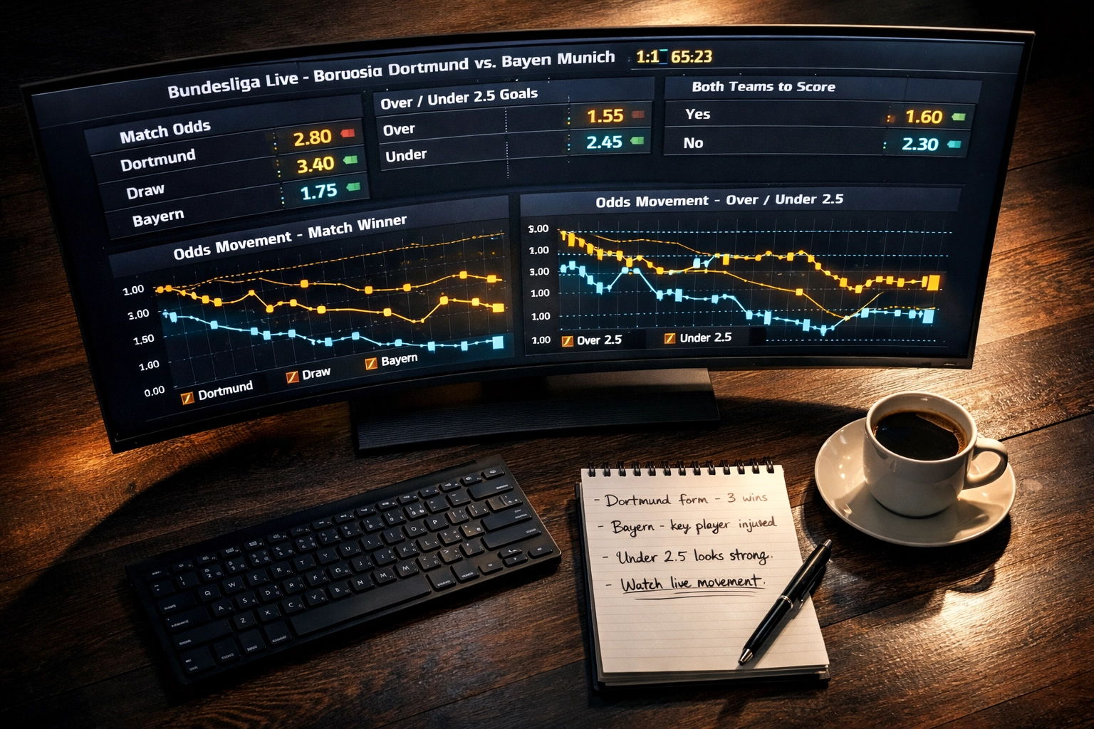 Quotenbewegungen Bundesliga: Arbeitsplatz mit Monitor zeigt Live-Statistiken und Wettmärkte