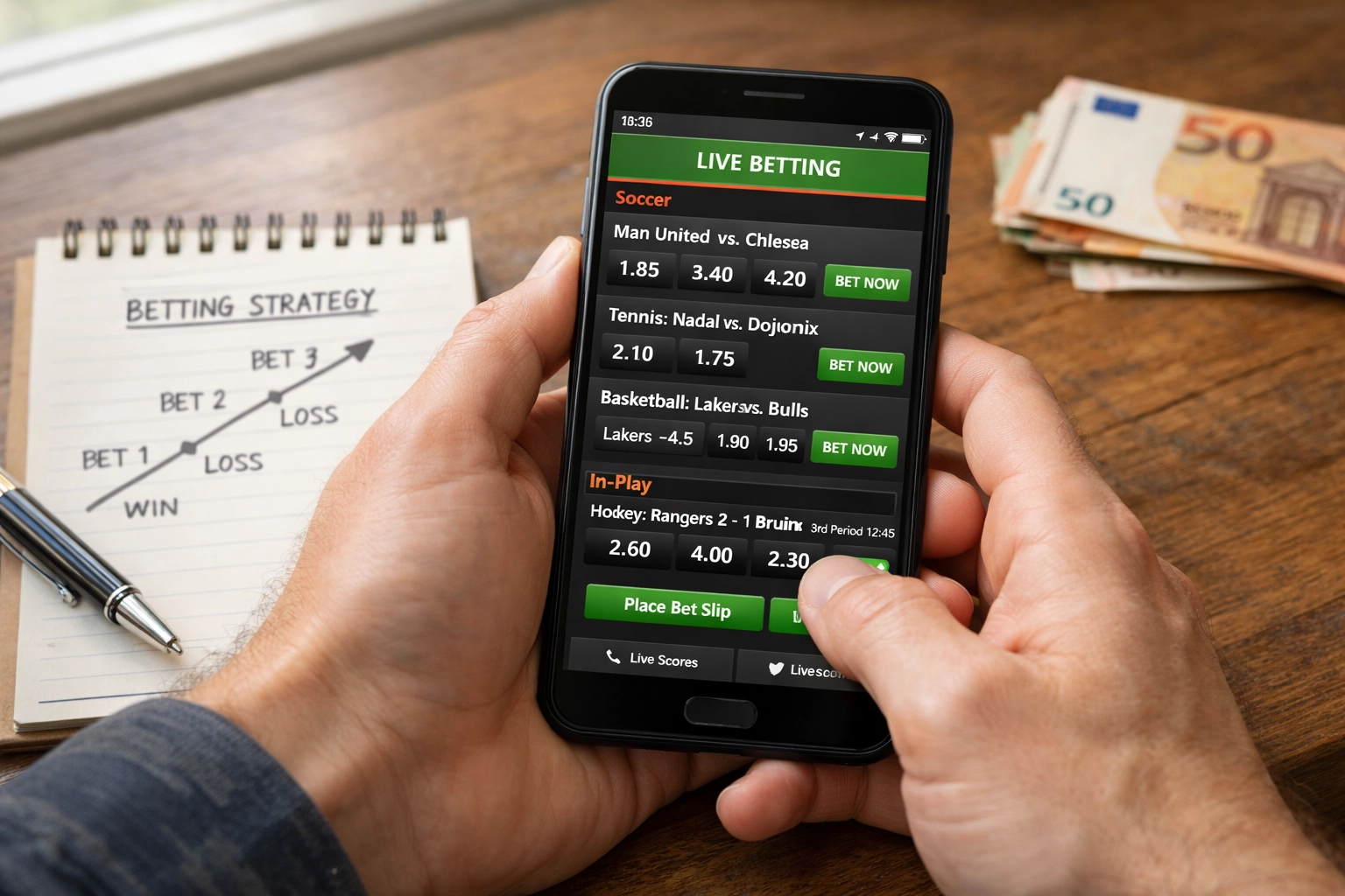 Smartphone mit Sportwetten-App zeigt Live-Quoten und Wett-Tipps auf dem Tisch