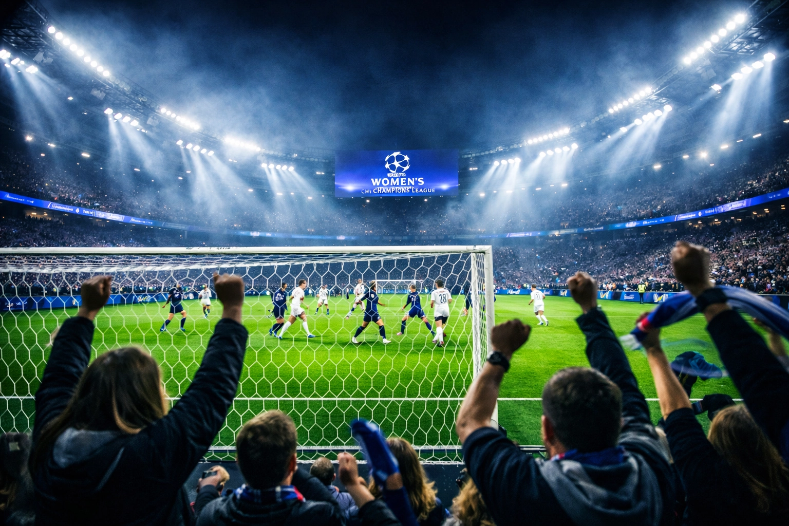 Women's Champions League Nacht im Stadion mit Flutlicht und Fans