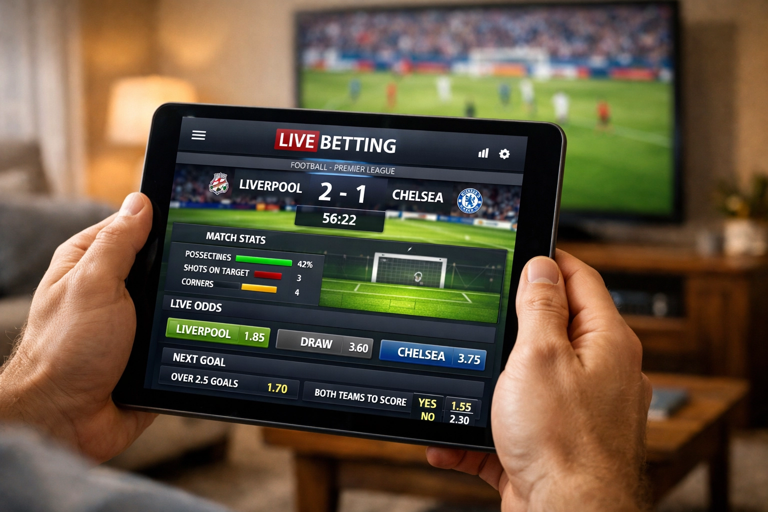 Mobile Sportwetten auf Tablet mit Live-Wettquoten und Statistiken beim Fußball schauen
