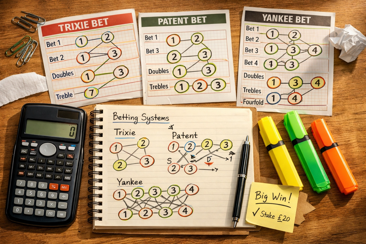 Systemwetten-Planung mit Trixie, Patent und Yankee Kombinationen auf Wettscheinen