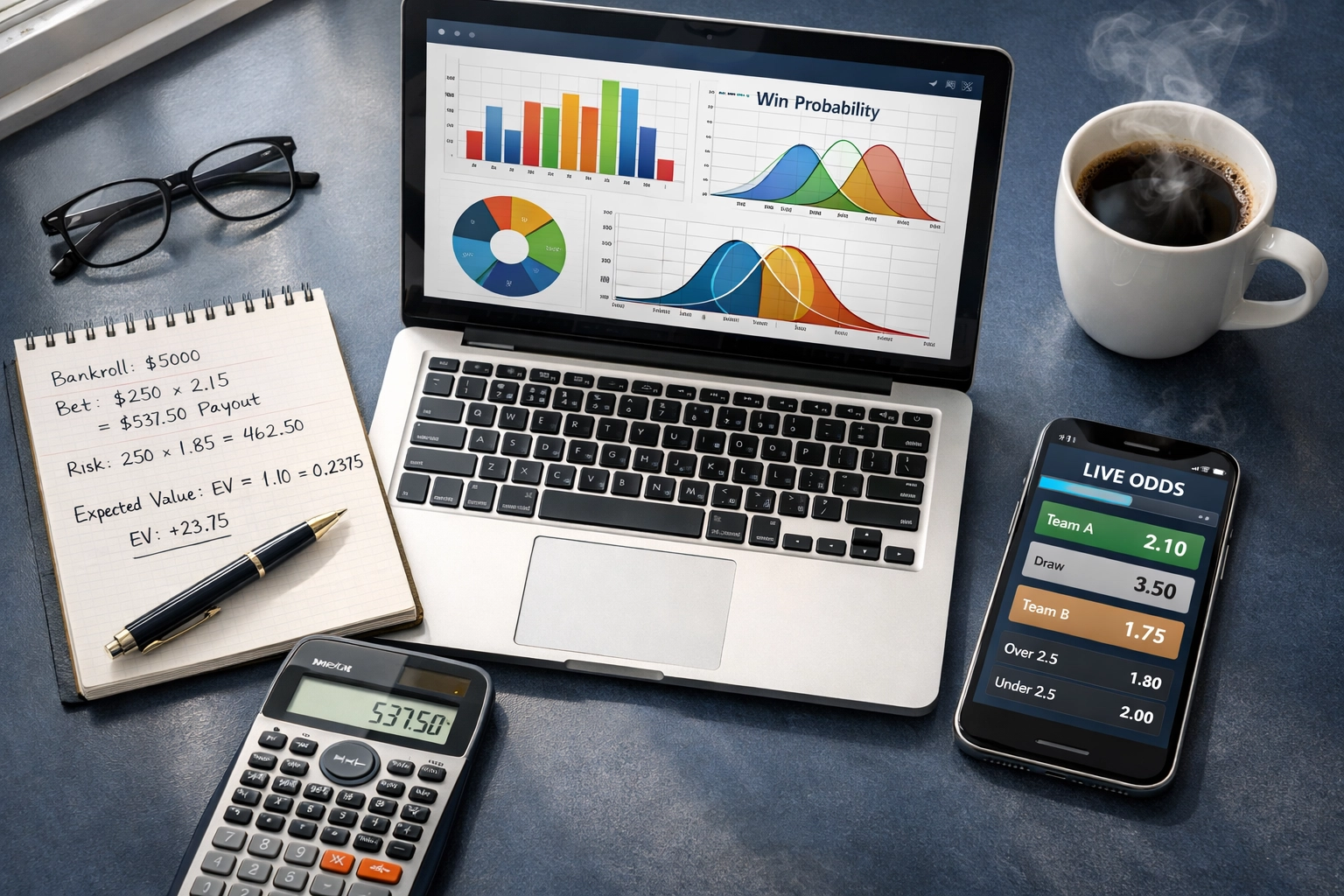 Value Betting Analyse Arbeitsplatz mit Laptop, Statistiken und Quotenvergleich Tools
