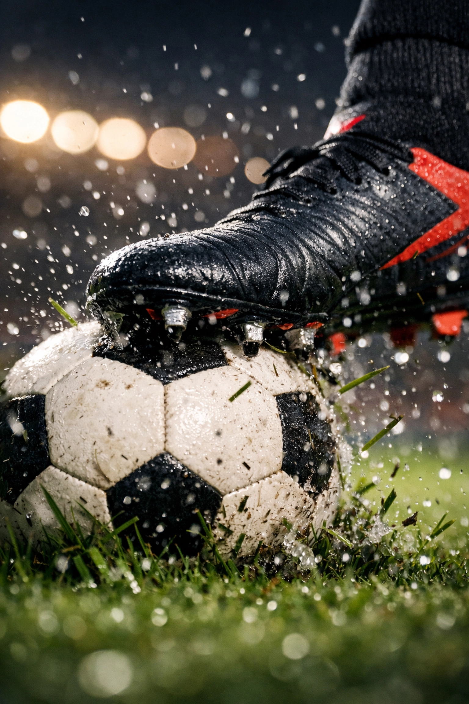 Nahaufnahme eines Fußballschuhs beim Torschuss während eines intensiven Bundesliga-Spiels.