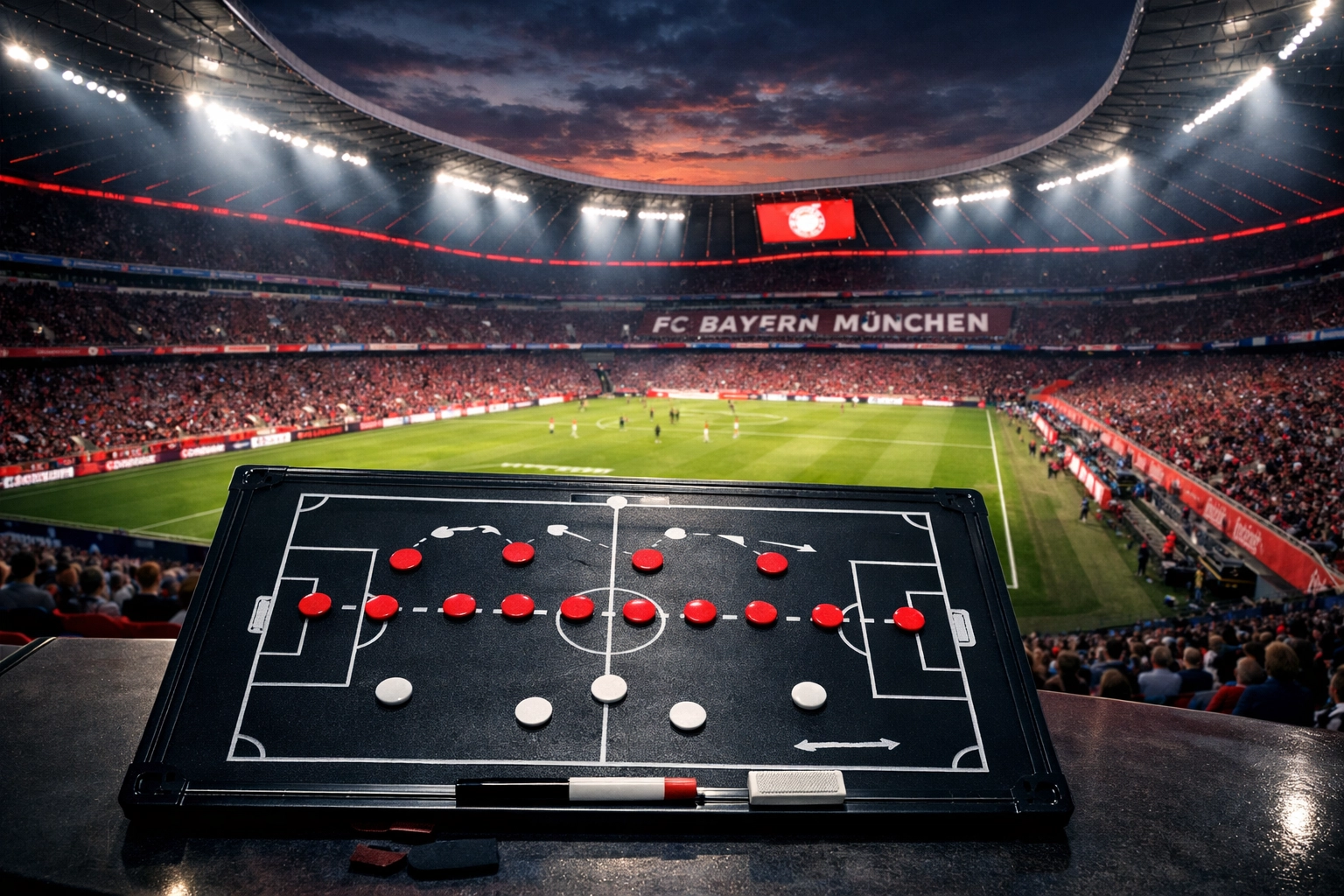 Bayern München Allianz Arena mit taktischer Aufstellung der hohen Abwehrlinie
