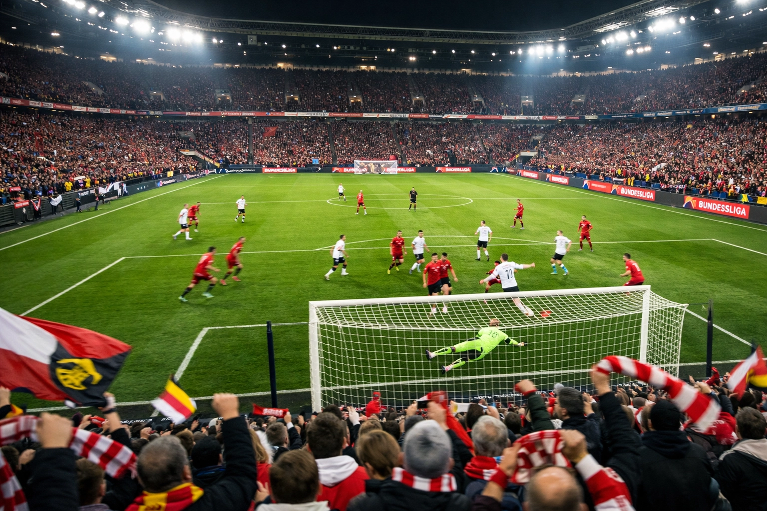 Bundesliga Stadion bei Flutlicht mit torreichem Spiel für Over 2.5 Wetten Analyse