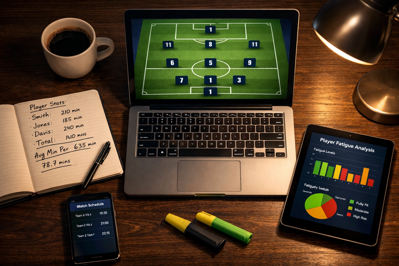 Professionelle Lineup-Analyse am Schreibtisch mit Formation, Spielerstatistiken und Einsatzminuten