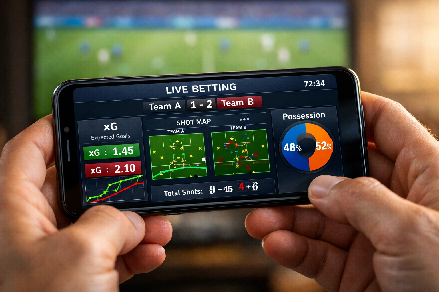 Smartphone zeigt Live Wetten App mit xG-Statistiken und Echtzeitdaten während Fußballspiel
