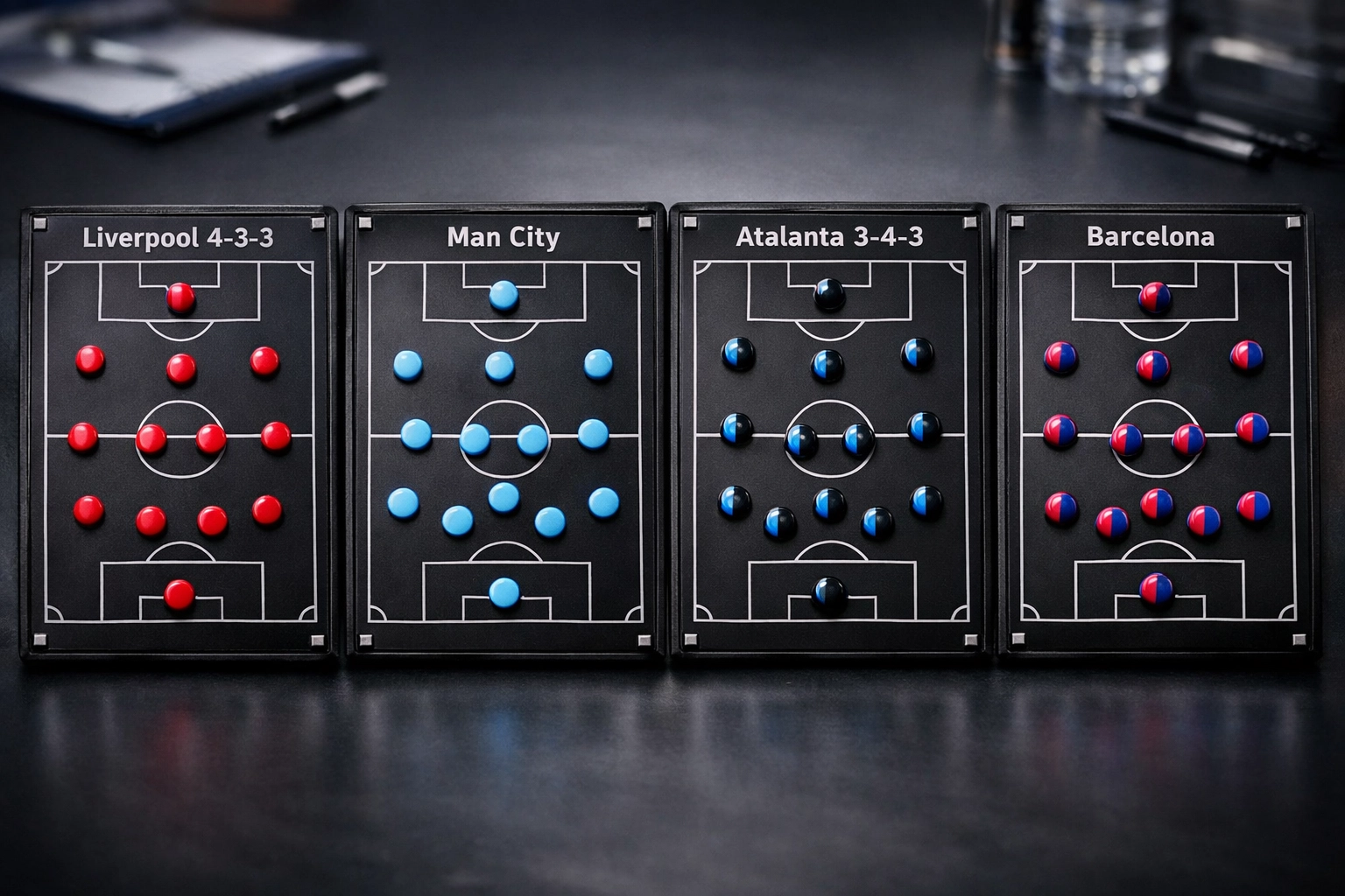 Taktiktafel mit Formationen europäischer Top-Klubs Liverpool, Manchester City und Barcelona