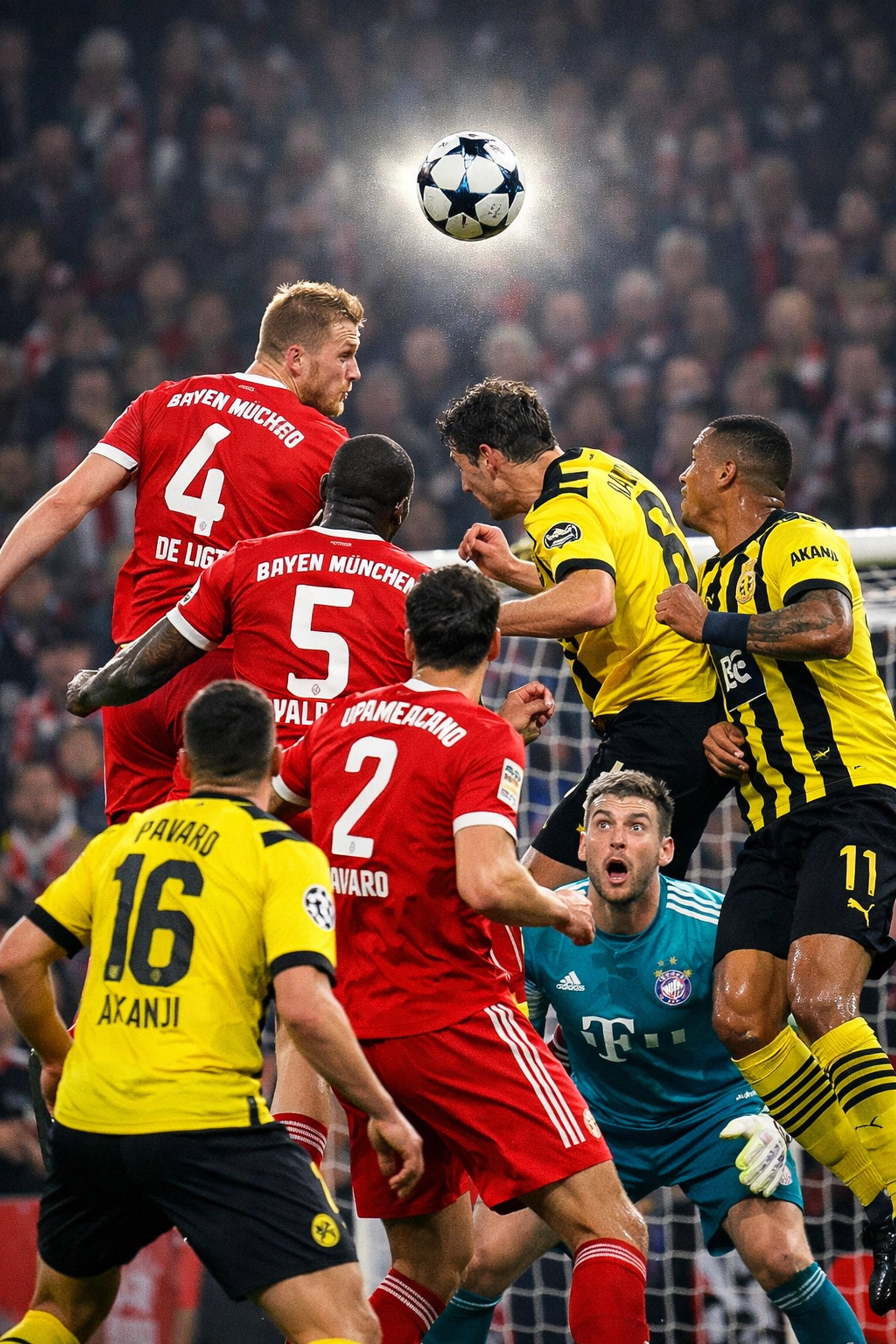 Kopfballduell bei Eckball im Bayern gegen Dortmund Klassiker mit Lufthoheit