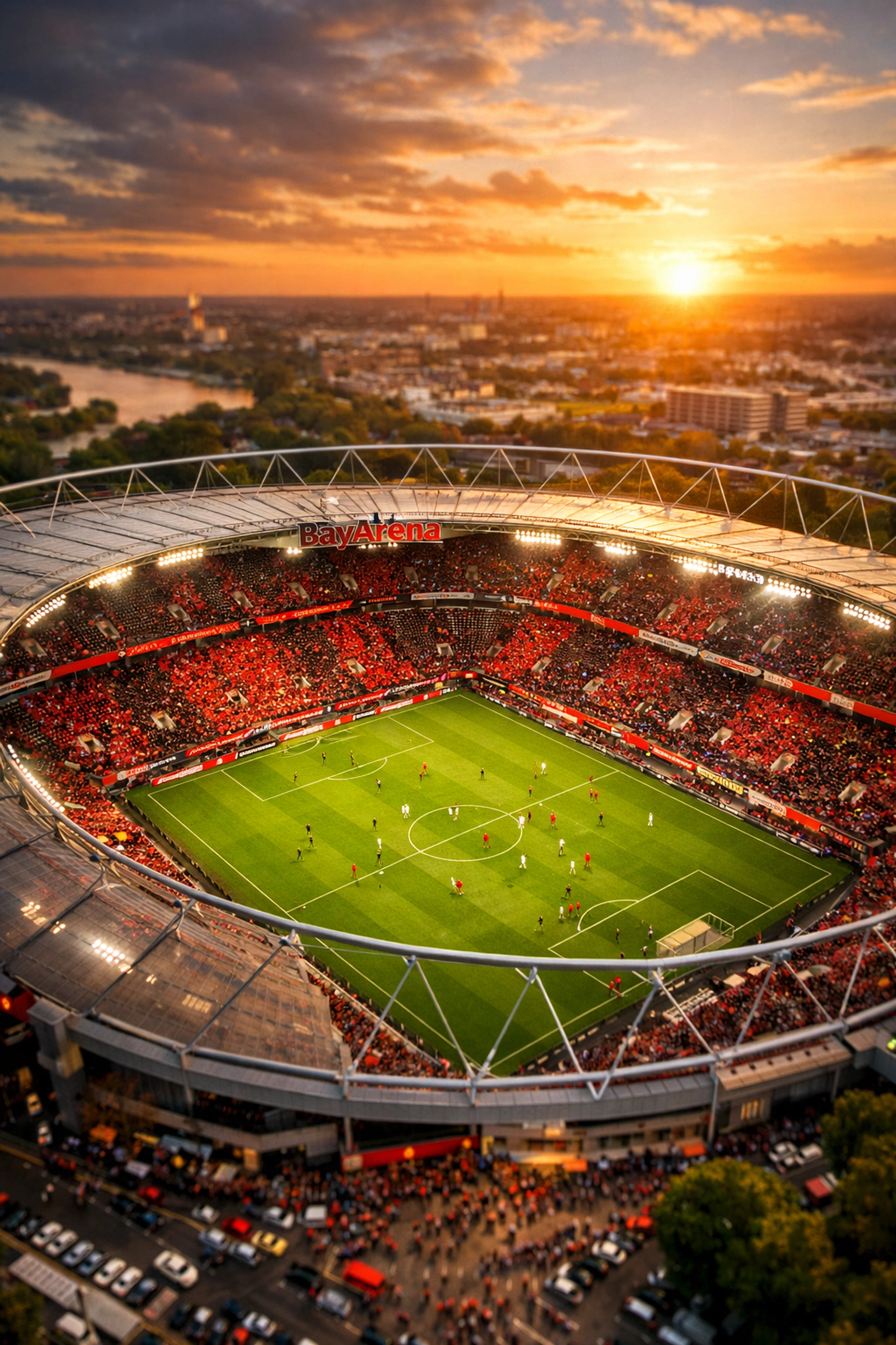 BayArena Leverkusen vollbesetzt beim Bundesliga-Spiel mit Fans in rot-schwarzen Farben