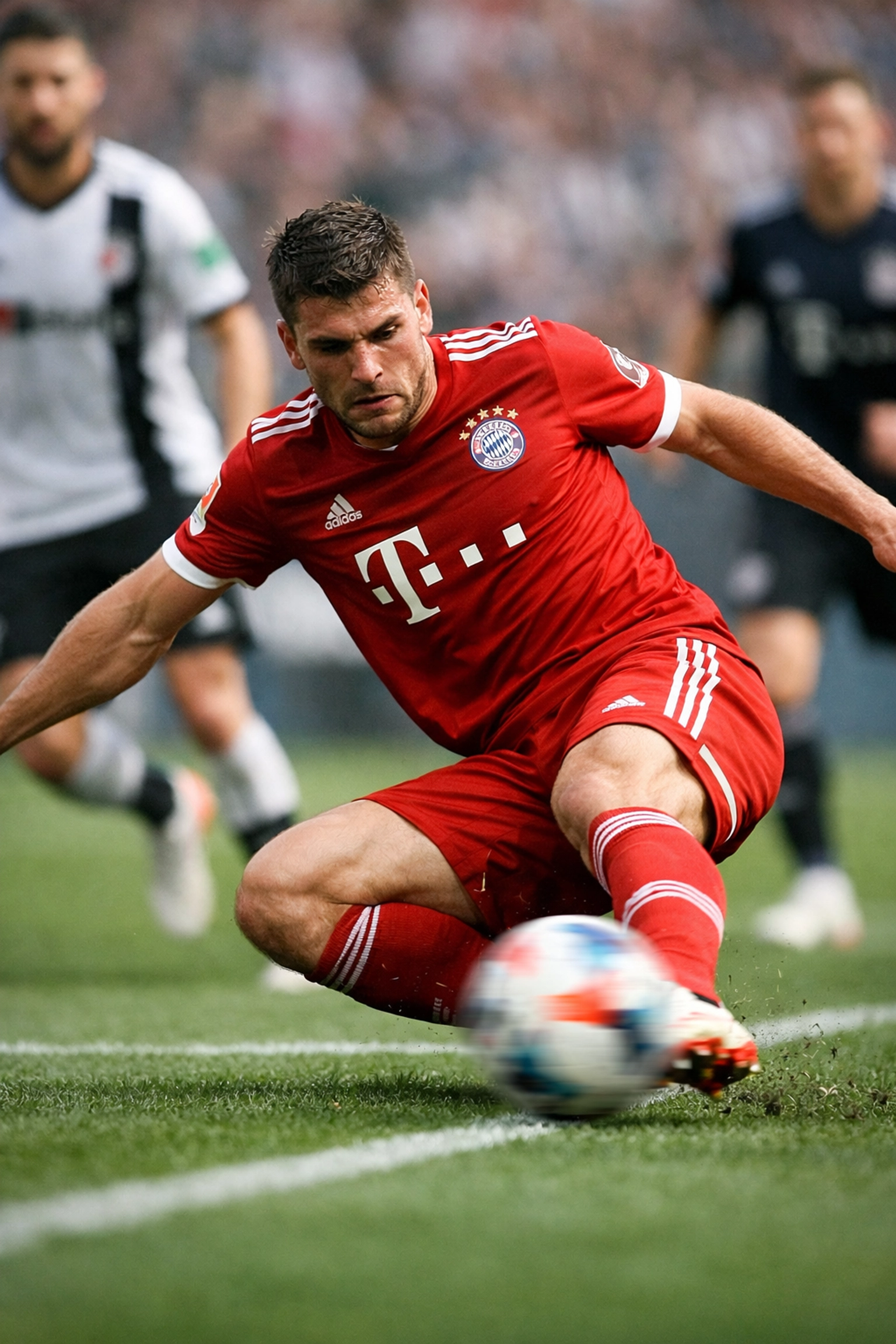 Bayern Mittelfeldspieler bei defensiver Pressing-Aktion und Passweg-Abdeckung