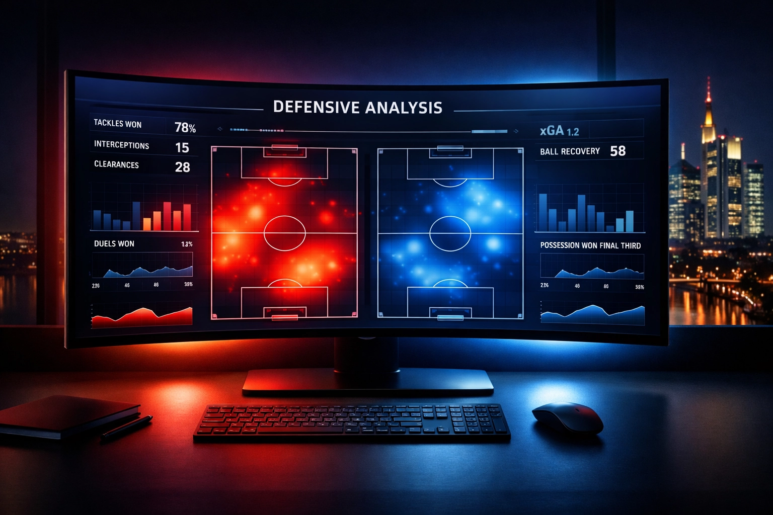 Datenanalyse-Monitor zeigt Defensivstatistiken und Heatmaps für Frankfurts Viererkette