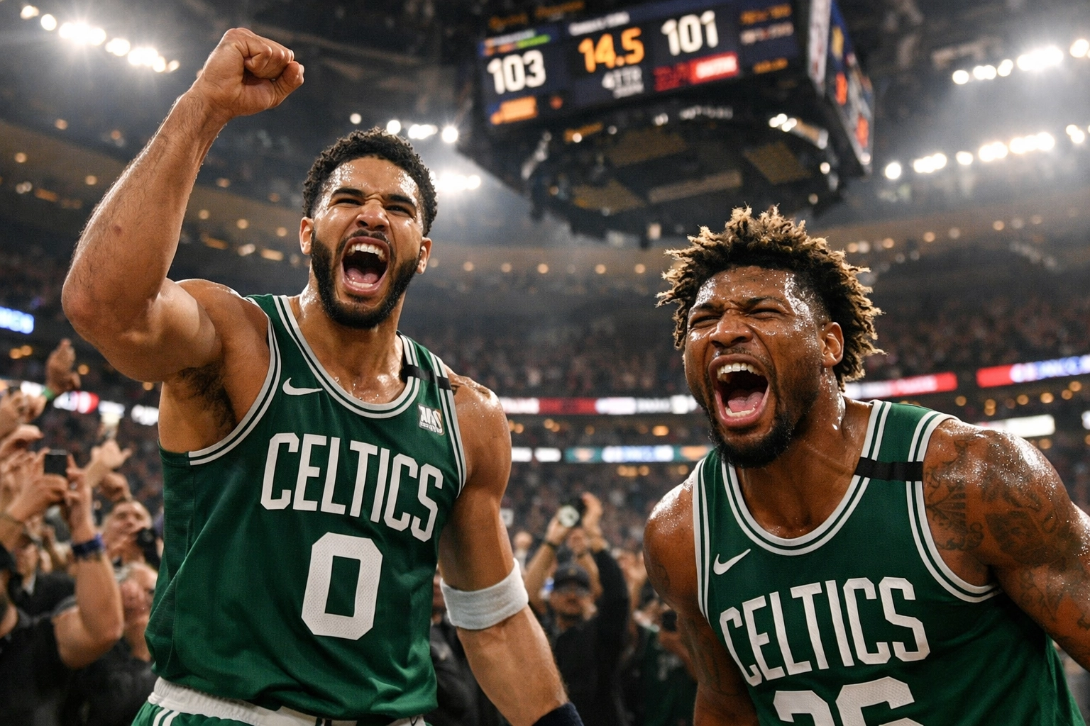 Boston Celtics players celebrating comeback victory against Houston Rockets