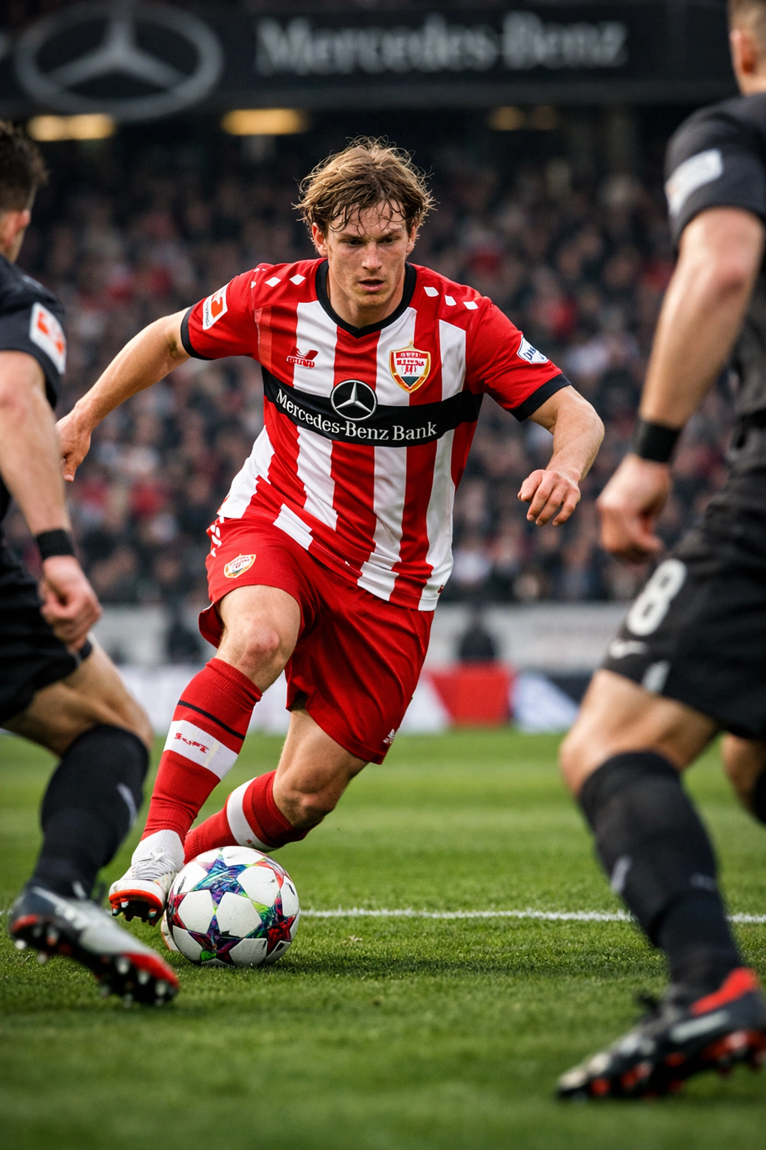 VfB Stuttgart Mittelfeldspieler Angelo Stiller im Zweikampf während eines Bundesliga-Spiels