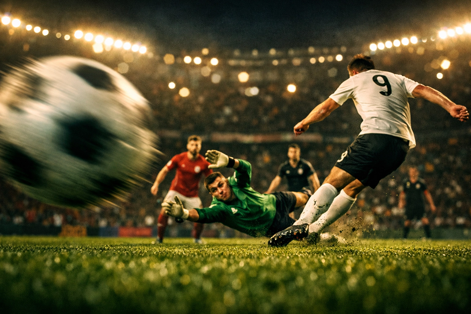 Torschuss im Fußballspiel mit Torhüter-Abwehraktion im Stadion