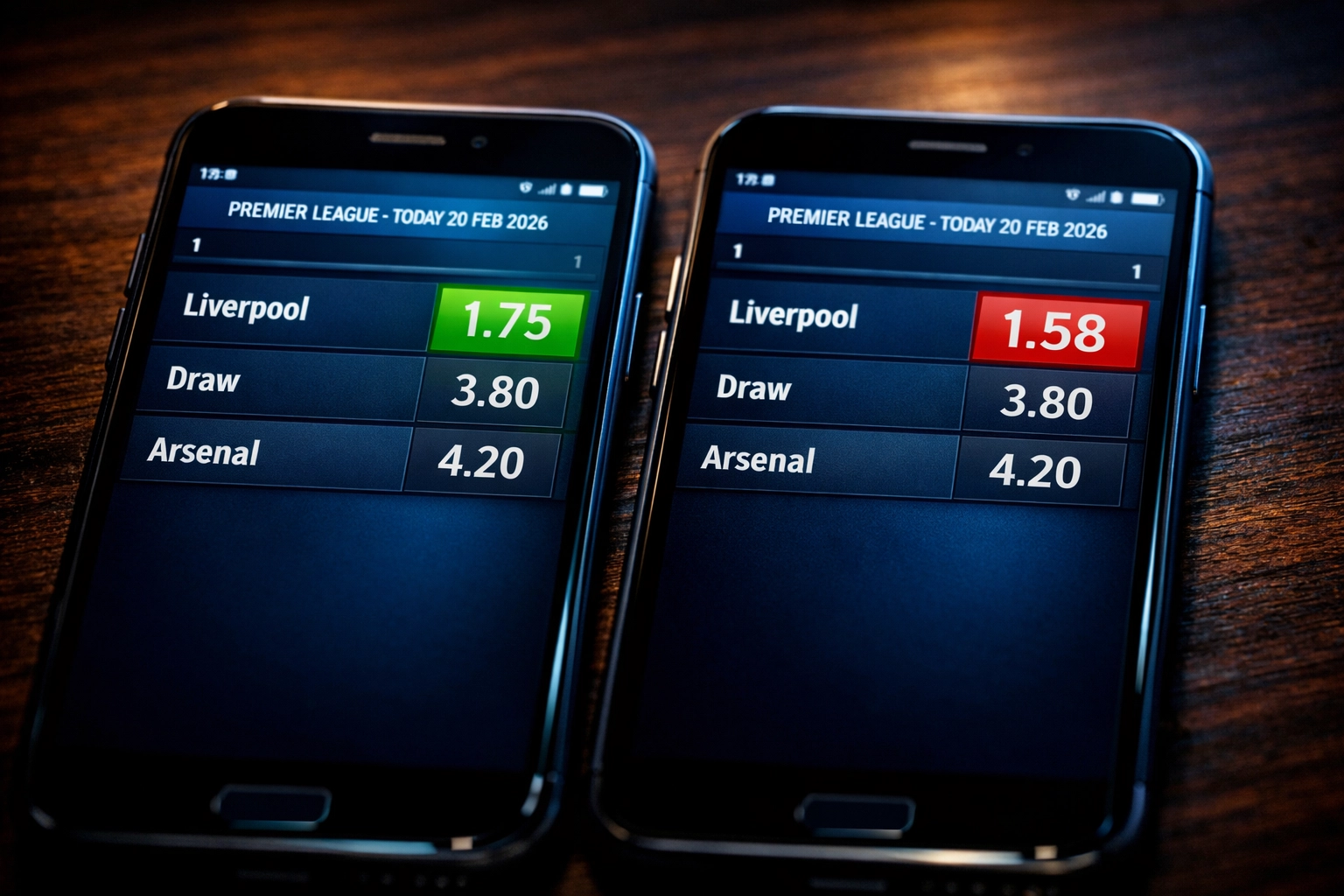 Vergleich fallender Wettquoten bei zwei Buchmachern: Liverpool vs Arsenal von 1,75 auf 1,58
