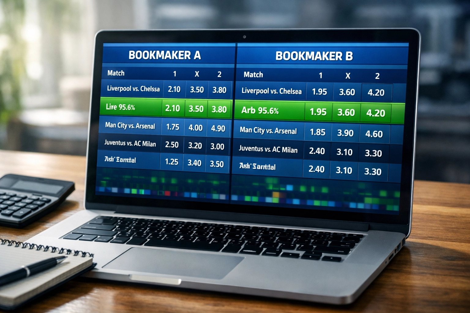 Surebet Quotenvergleich auf Laptop: Zwei Buchmacher-Quoten nebeneinander für Arbitrage-Wetten