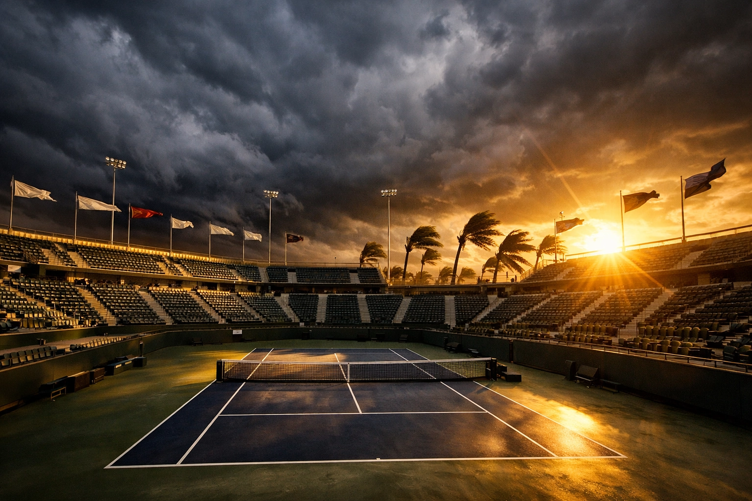 Leeres Tennisstadion bei windigem Wetter zur Analyse äußerer Einflüsse auf WTA Matches.