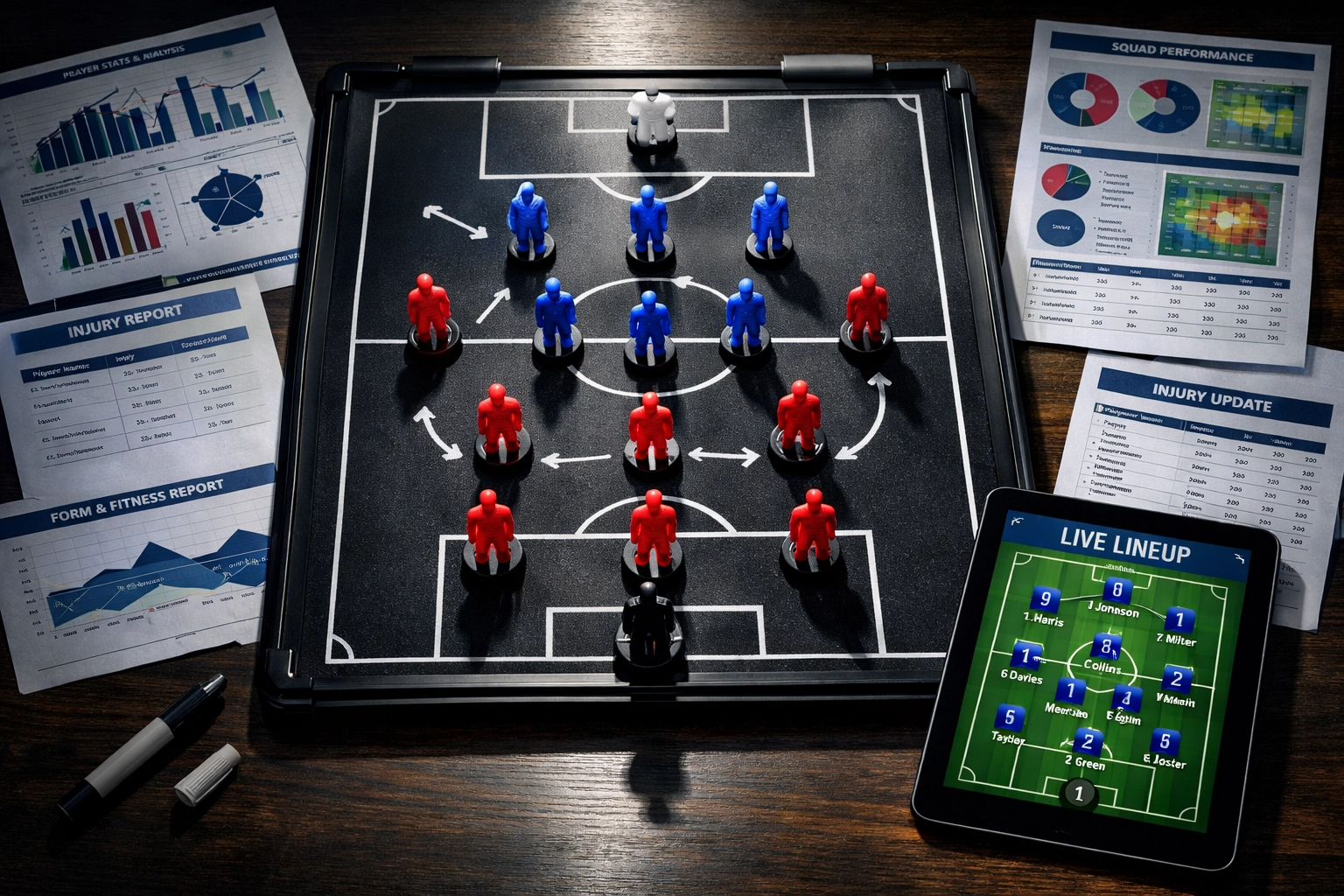 Taktiktafel mit 4-3-3 Formation und Statistiken für Kaderanalyse