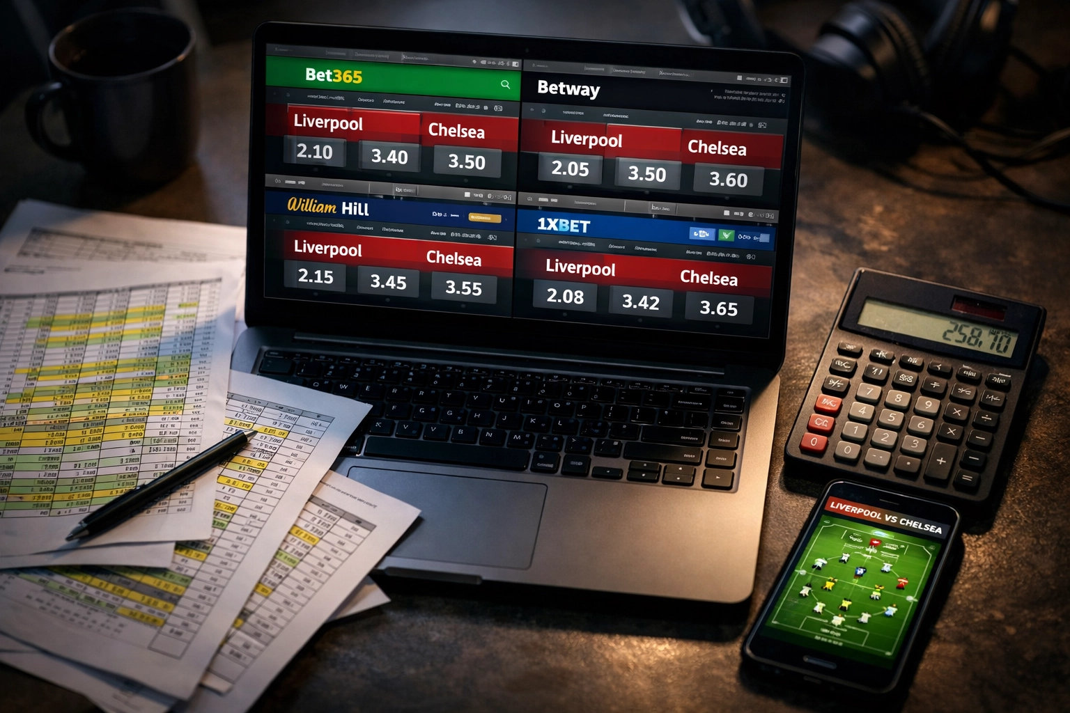 Laptop comparing bookmaker odds for football matches with spreadsheets and betting calculations