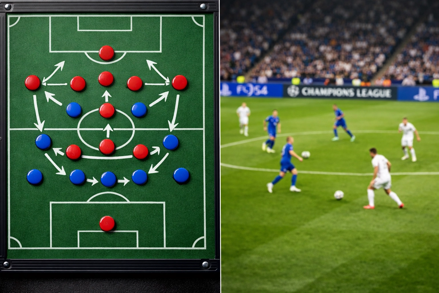 Taktiktafel zeigt 3-4-1-2 Formation mit Pressing-Bewegungen im Champions League Spiel