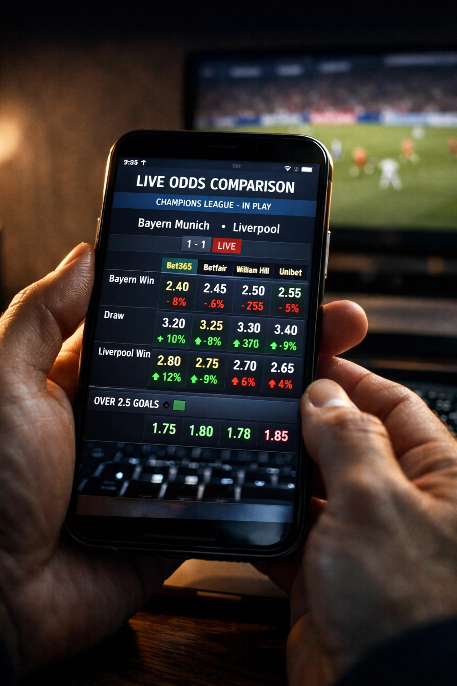 Live Quotenvergleich App zeigt Marktbewegungen und Buchmacher-Quoten für Champions League