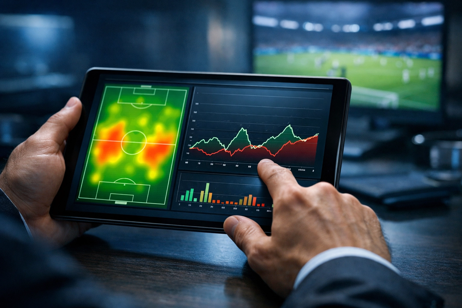 Analyse von Live-Trends und Fußball-Statistiken auf einem Tablet für präzise Wett-Tipps.