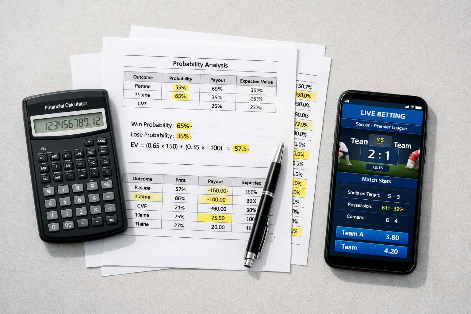 Arbeitsplatz mit Taschenrechner und Tabellen zur Berechnung von Cash Out Strategien