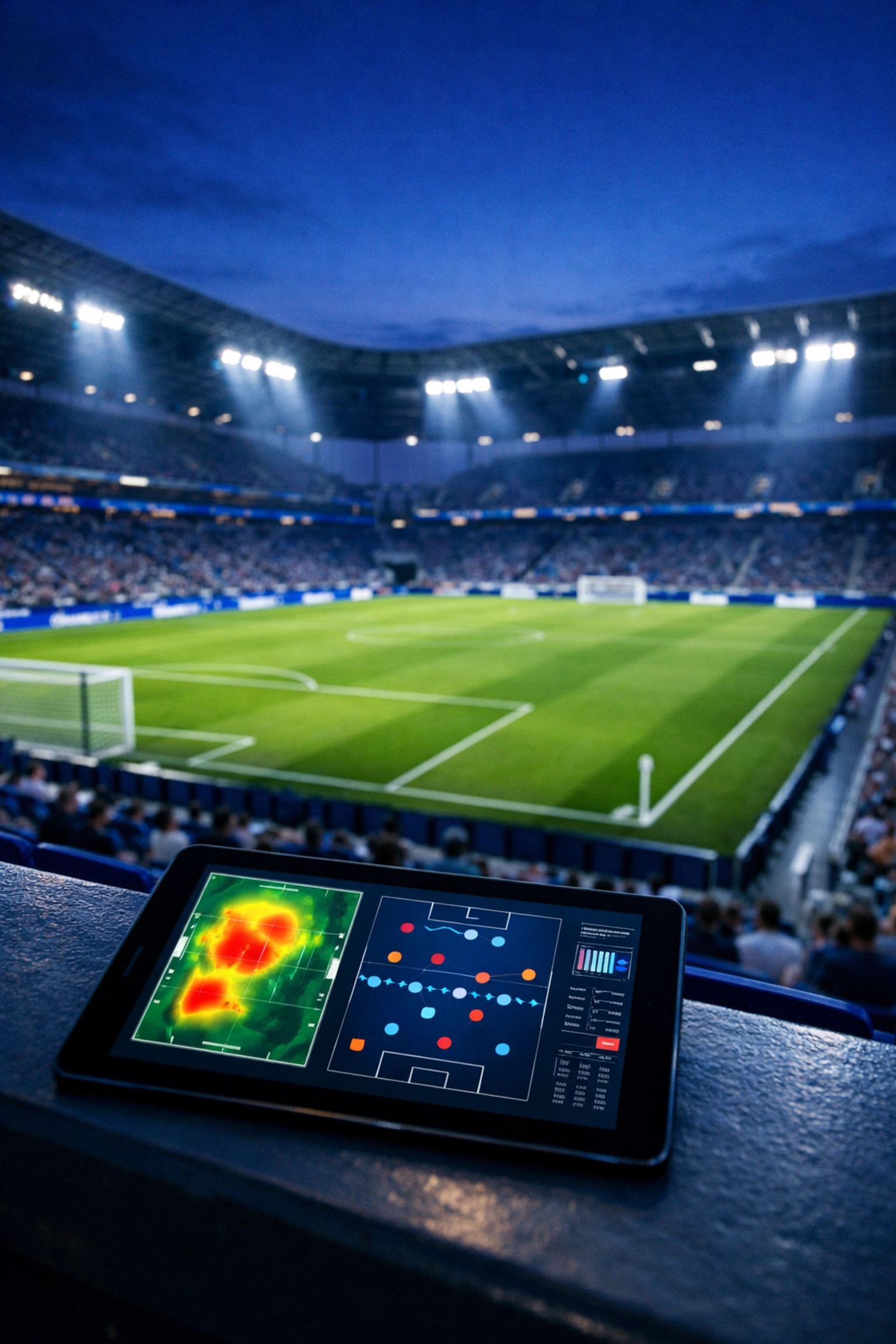 Taktische Daten-Analyse auf einem Tablet vor der Kulisse eines modernen Fußballstadions bei Nacht.
