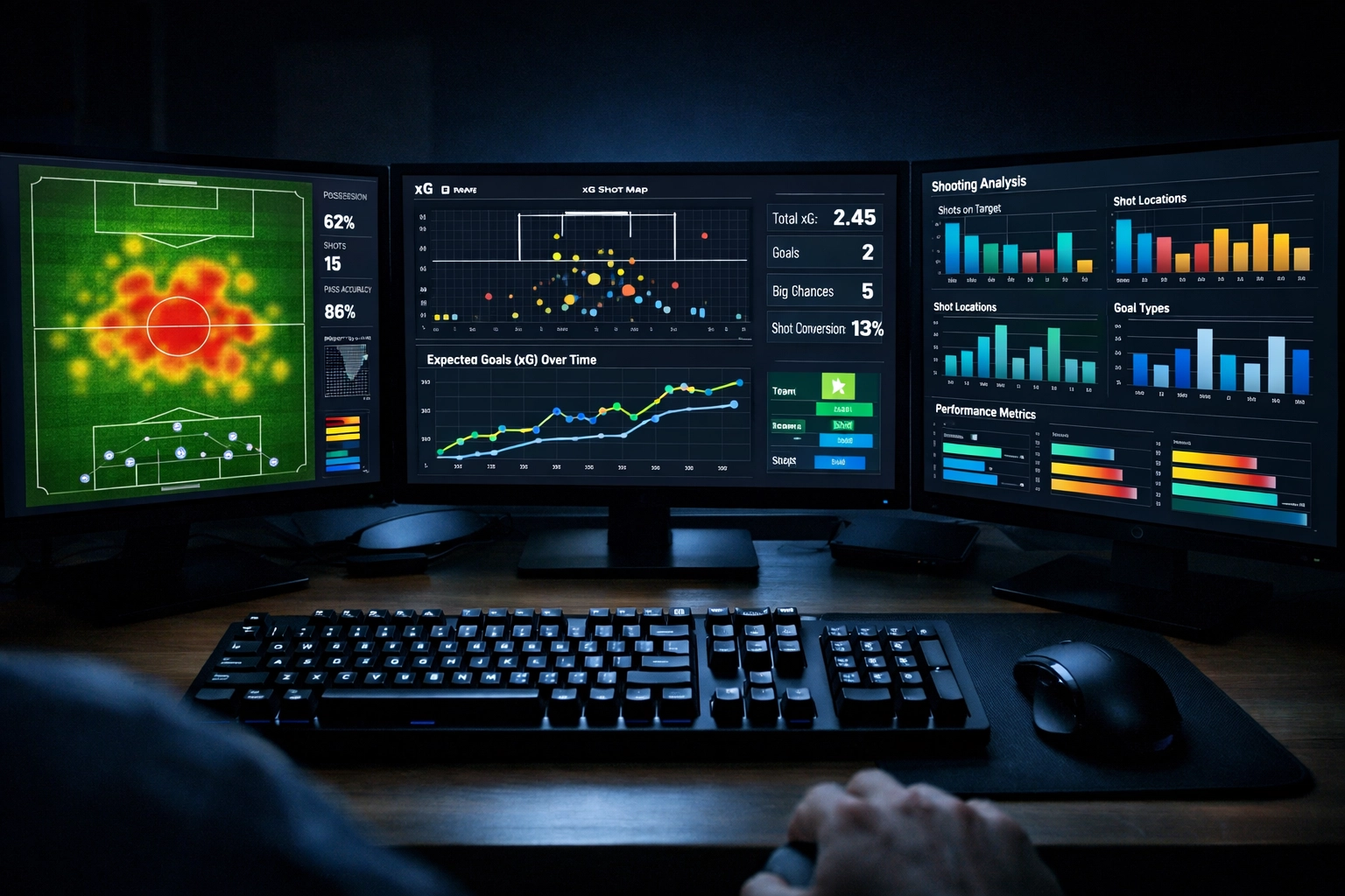 Analyse-Arbeitsplatz mit Fußball-Daten wie xG-Werten für professionelle Wett-Strategien.