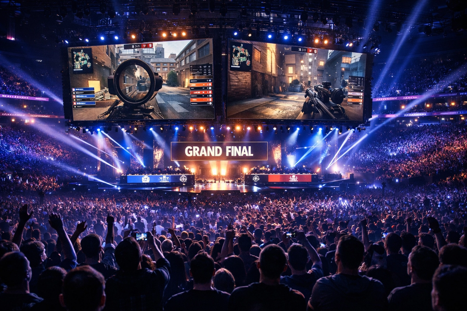 Große E-Sports Arena bei einem Turnier-Finale mit LED-Leinwänden und begeisterten Zuschauern