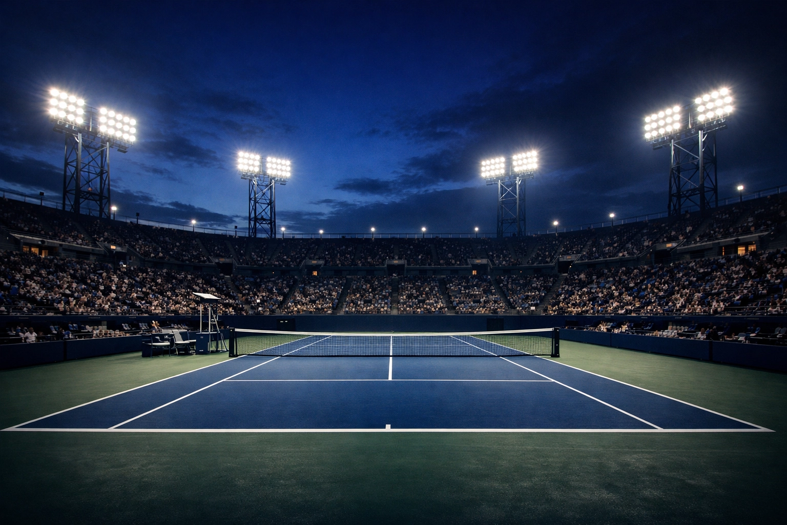 Beleuchteter Tennis Center Court für professionelle Quotenanalysen und Tennis Wett-Tipps.