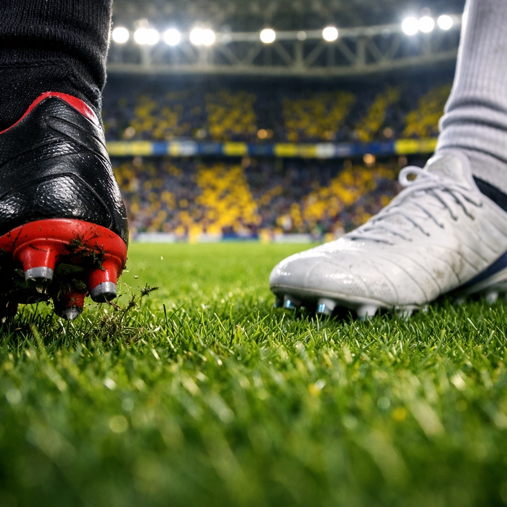 Fußballschuhe auf dem Rasen des Şükrü Saracoğlu Stadions vor dem Fenerbahce-Spiel.