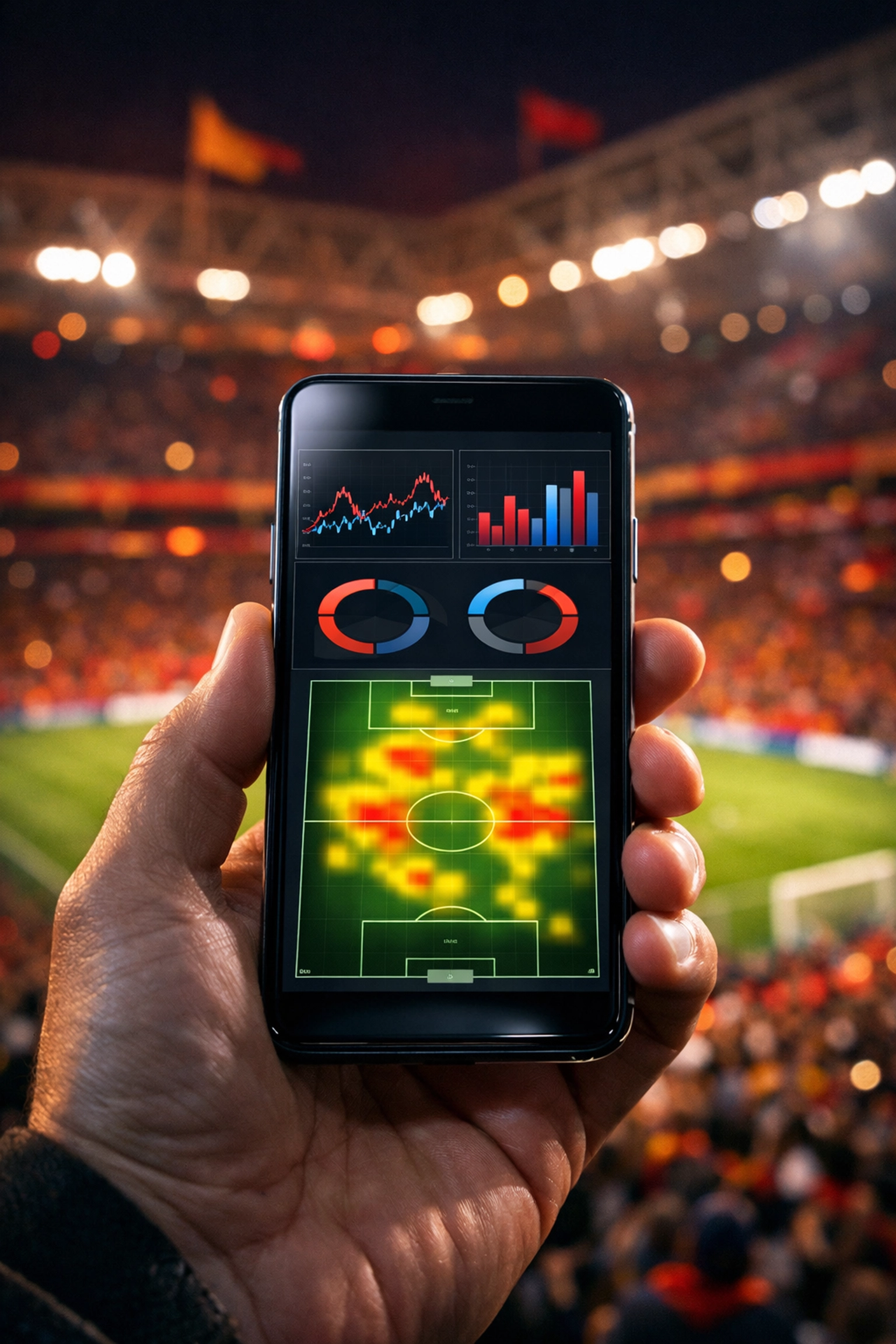 Smartphone mit Live-Statistiken für In-Play-Wetten vor einer beleuchteten Stadionkulisse.