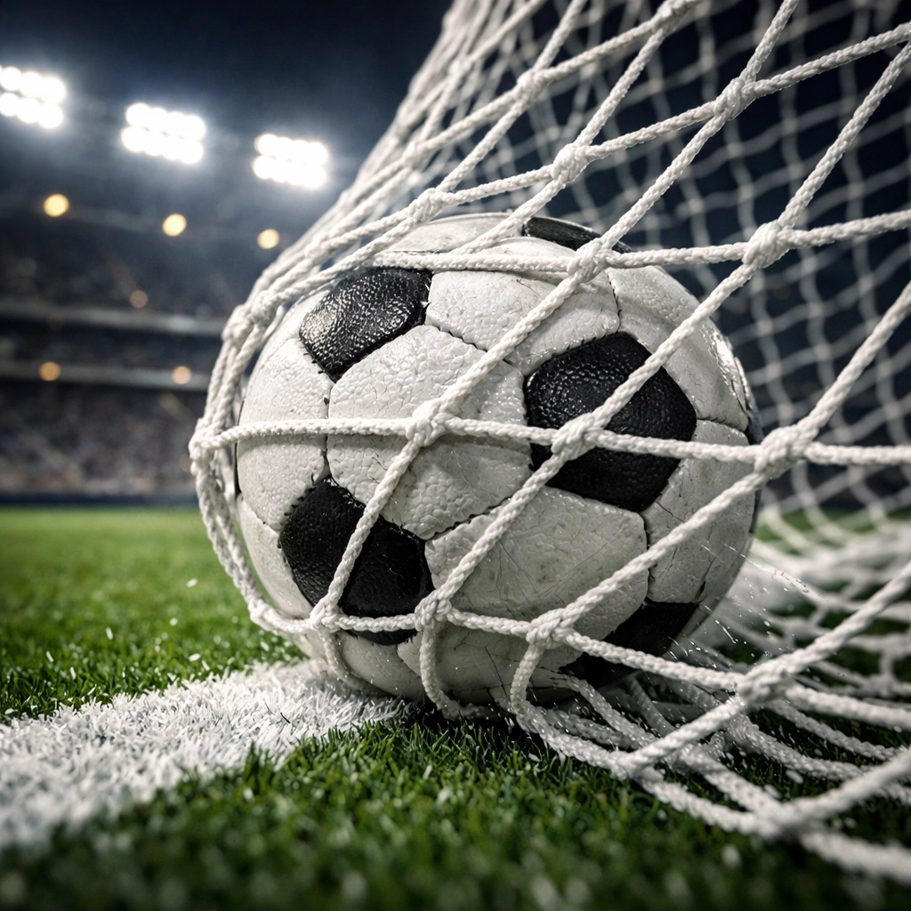 Fußball im Tornetz zur Veranschaulichung der Real Madrid Manchester City Prognose.