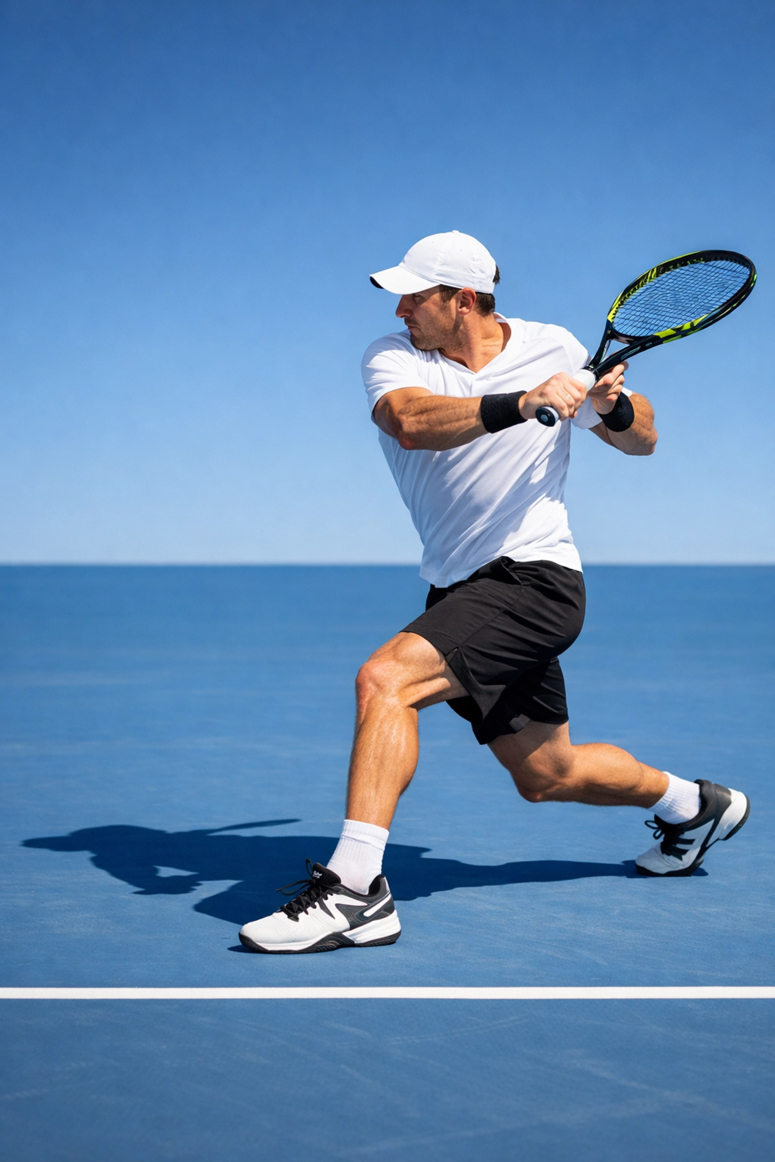 Professionelle Vorhand-Technik zur Analyse von Beinarbeit und Schulterdrehung im Tennis.