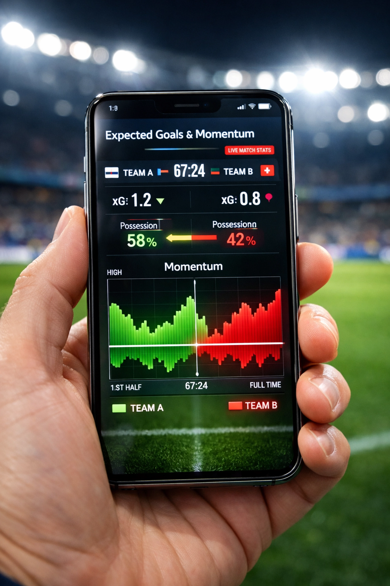 Echtzeit-Statistiken und xG-Werte auf einem Smartphone zur Analyse von Live-Momentum im Stadion.