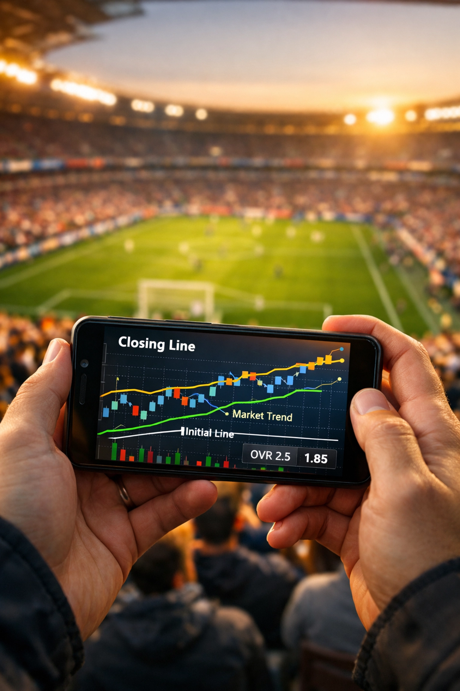Closing-Line-Visualisierung und Markttrends auf einem Smartphone im Fußballstadion.