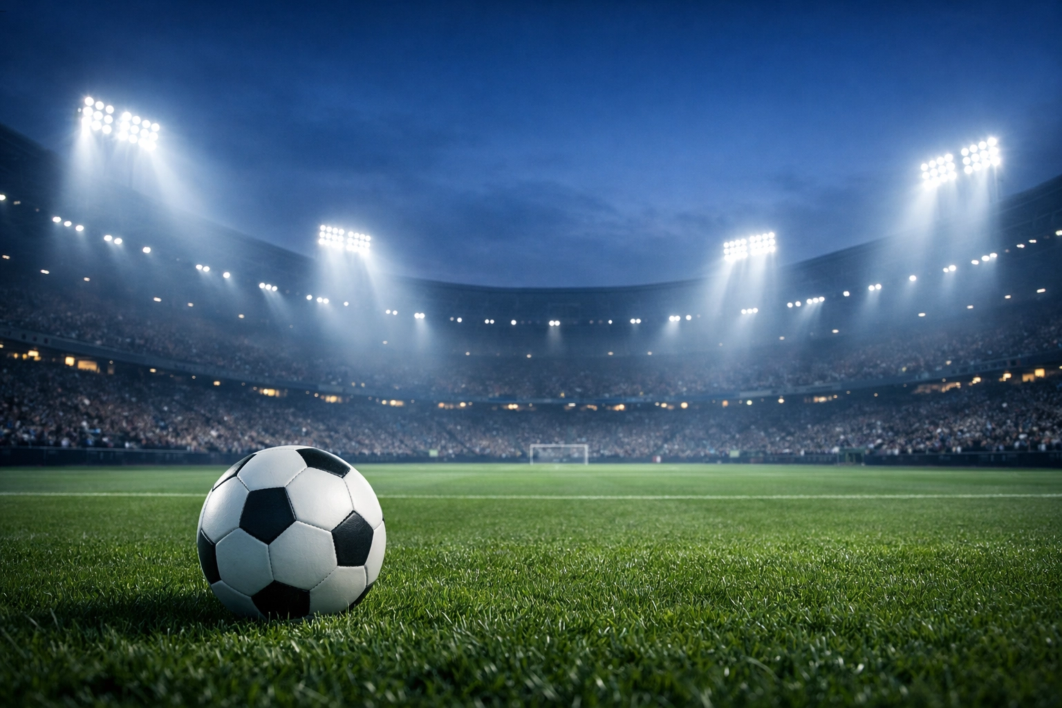 Modernes Fußballstadion unter Flutlicht zur Einstimmung auf die Bundesliga-Kombi am Mittwochabend.