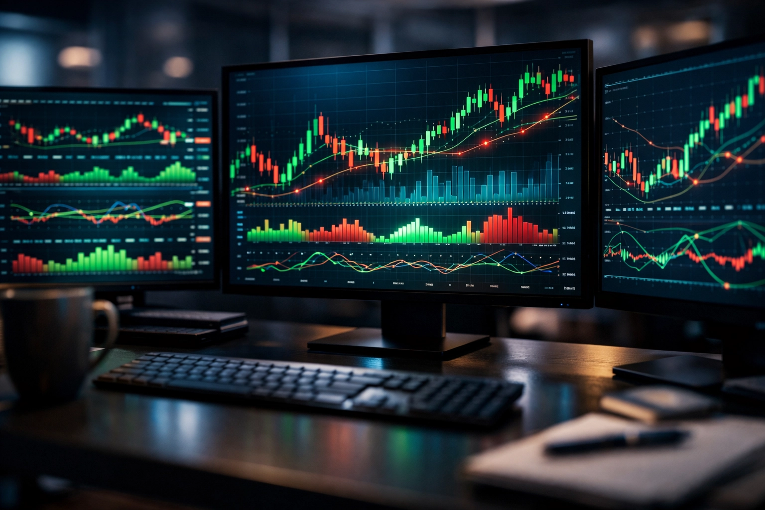 Analyse von Markttrends und Quotenbewegungen auf hochauflösenden Daten-Monitoren