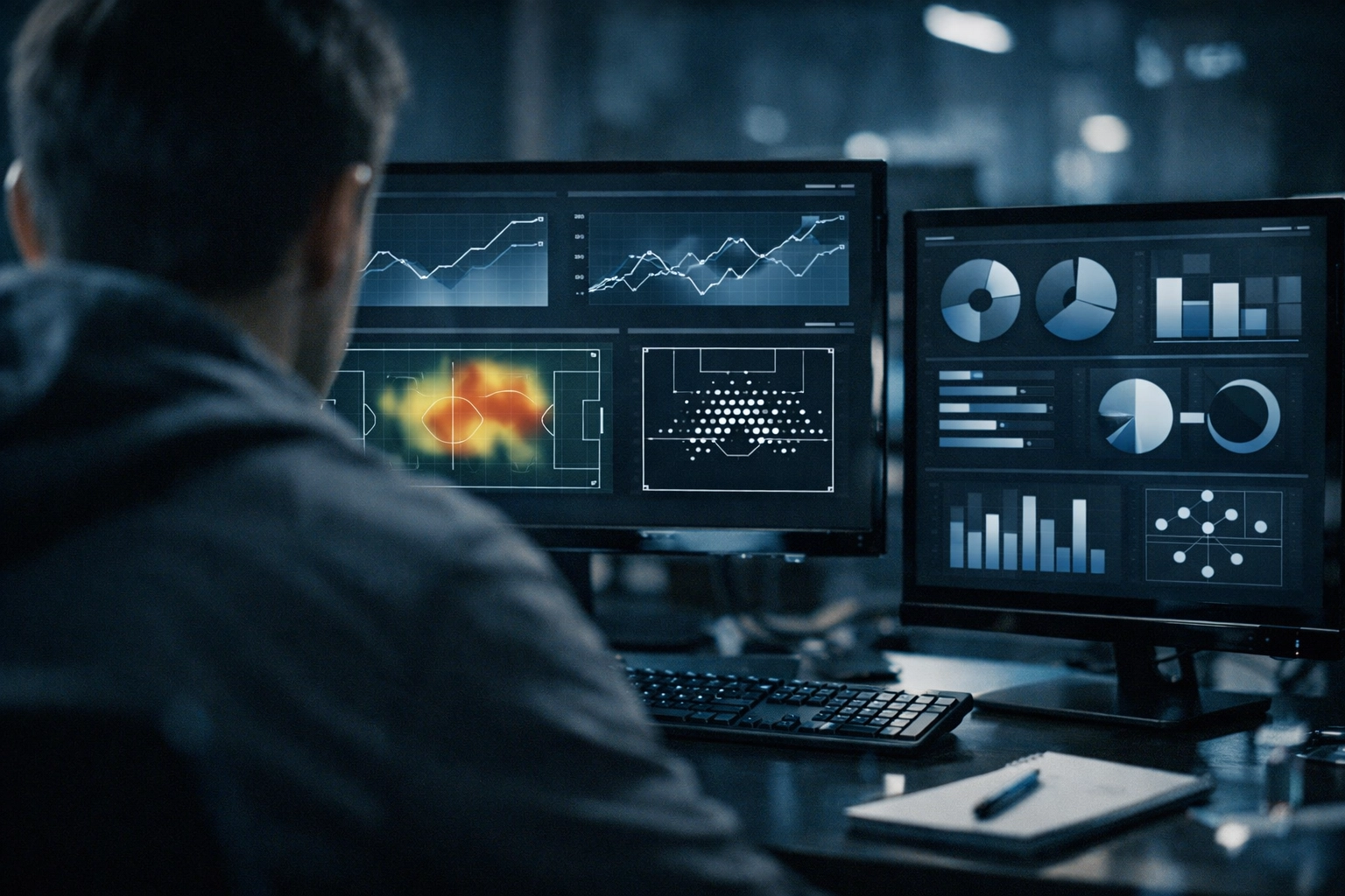 Analyse von Live-Statistiken und Rolling xG-Daten auf einem Monitor am Arbeitsplatz.