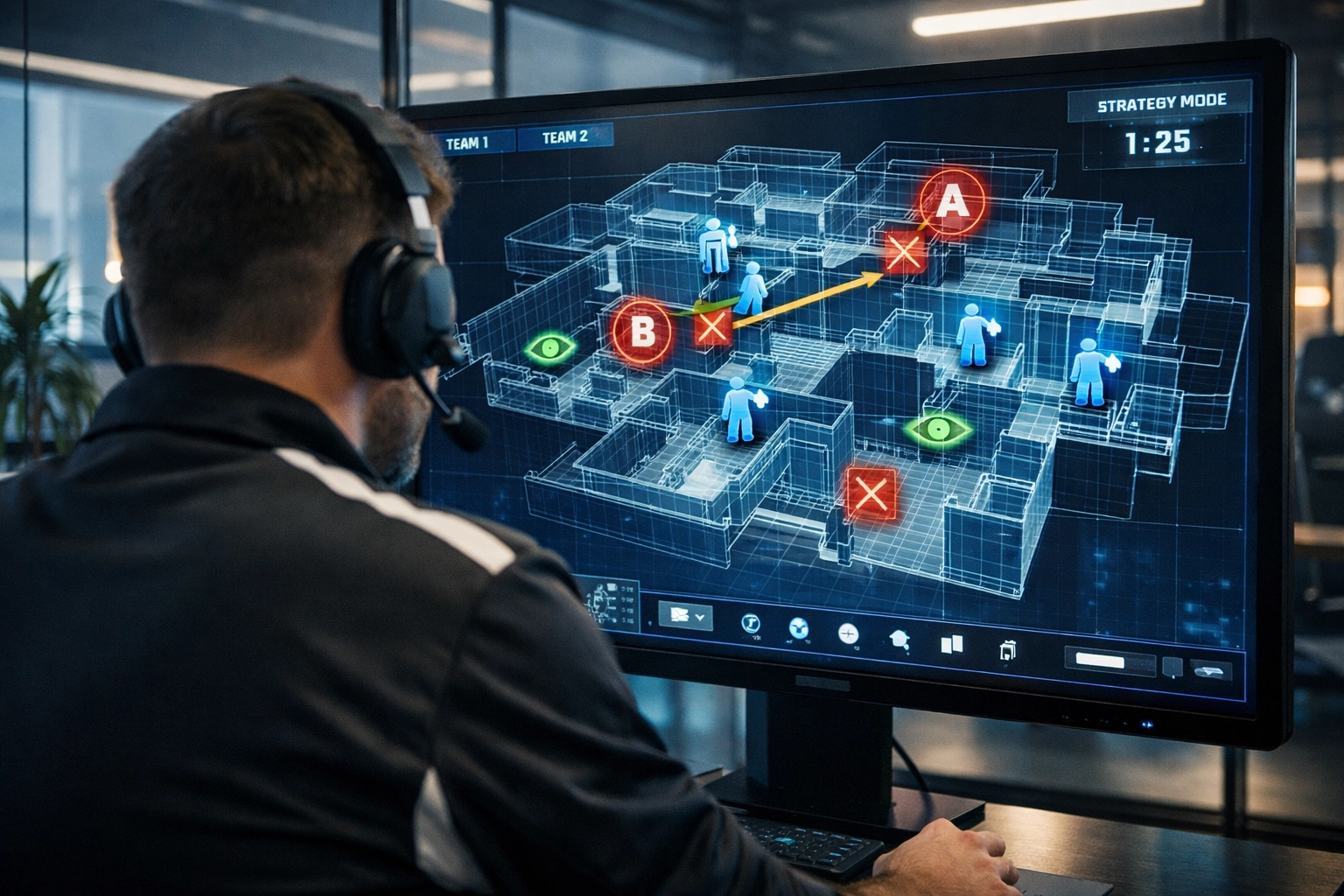 Ein E-Sports Coach analysiert taktische Spielzüge und Strategien auf einem digitalen Touchscreen.