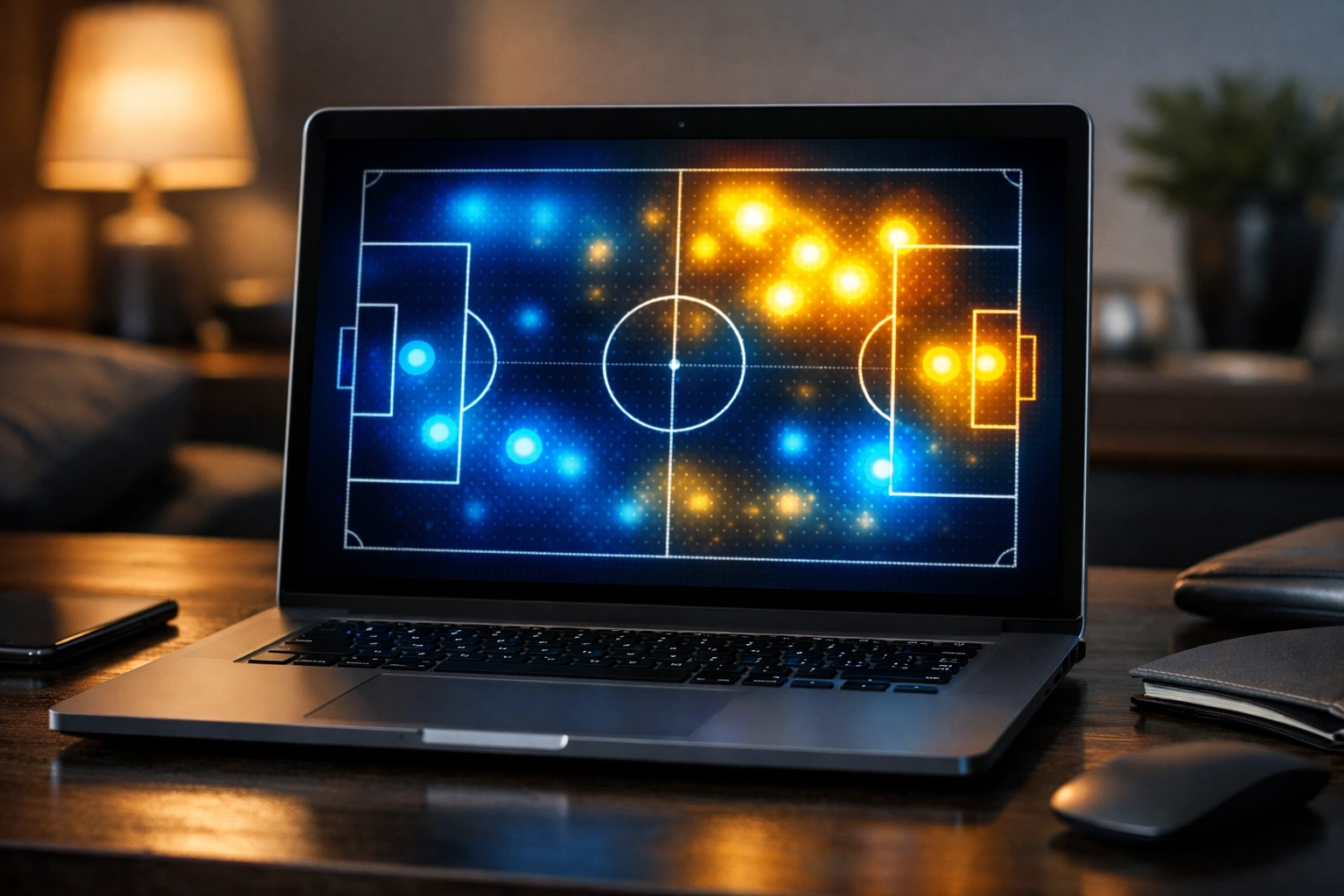 Taktische Fußball-Heatmap auf einem Laptop zur datenbasierten In-Play-Analyse von Angriffsphasen.