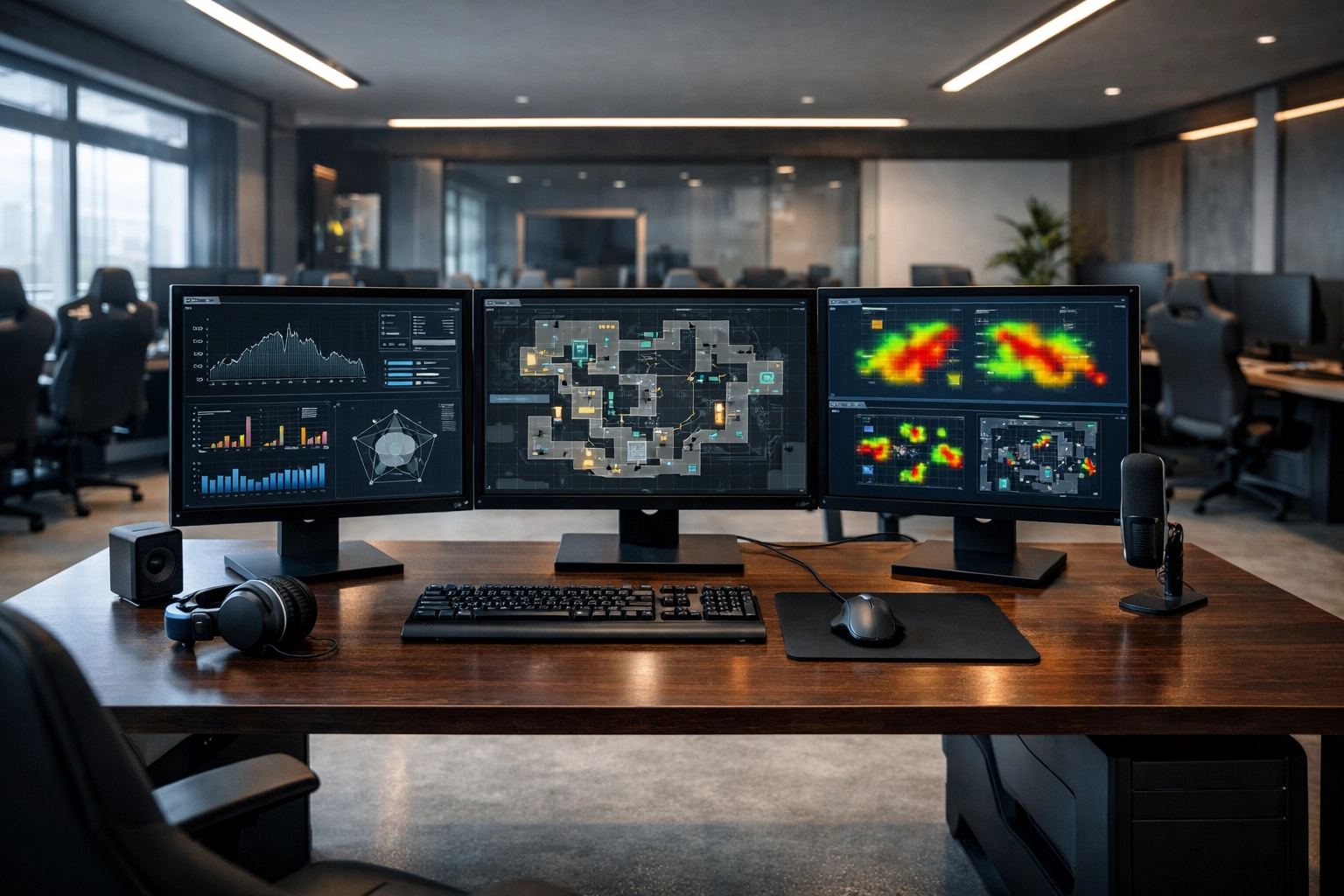 E-Sports Trainingszentrum mit strategischen Heatmaps zur Analyse der Team-Performance und Taktik.