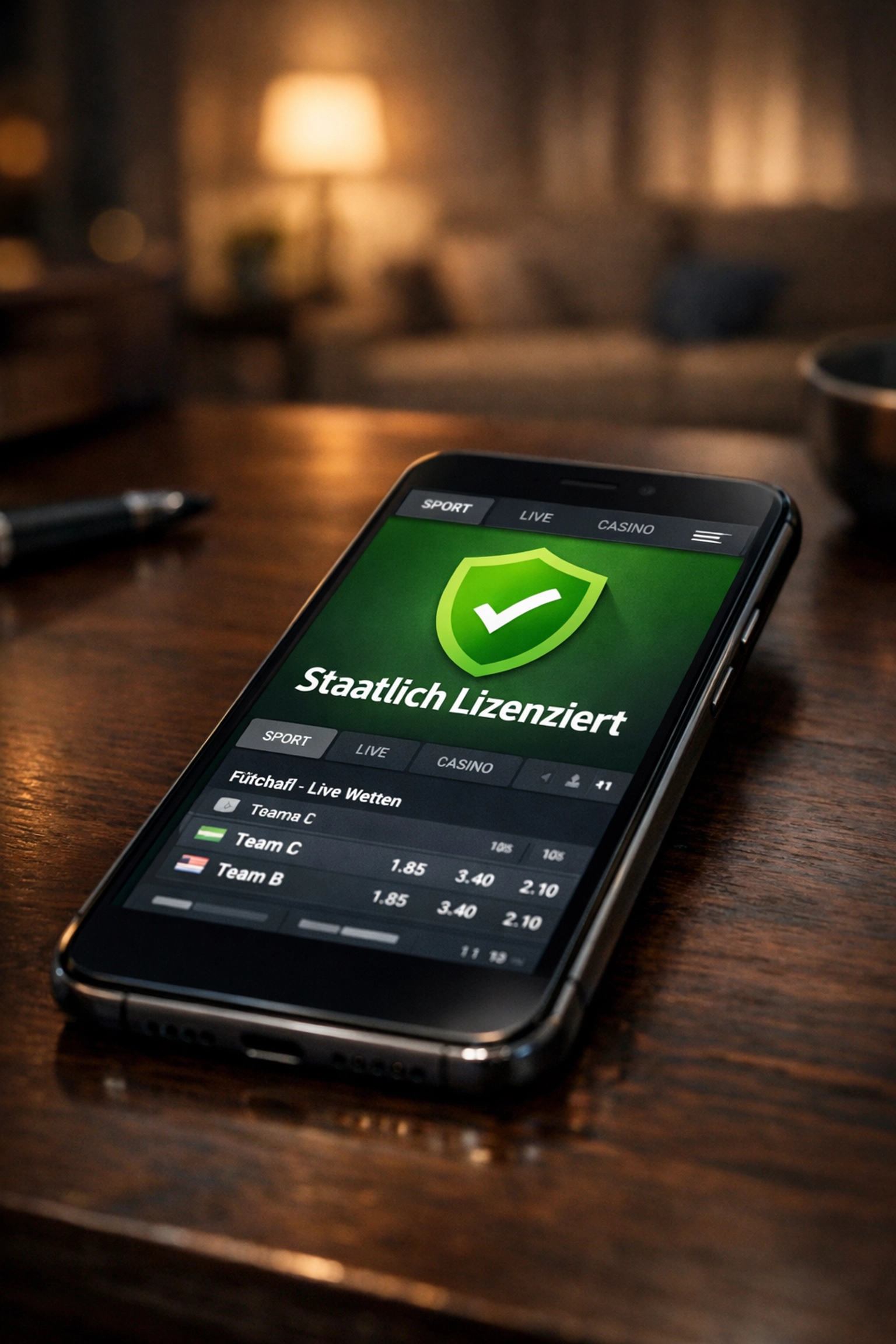 Smartphone zeigt staatliche Lizenzierung für beste Wettanbieter Deutschland auf dem Display.