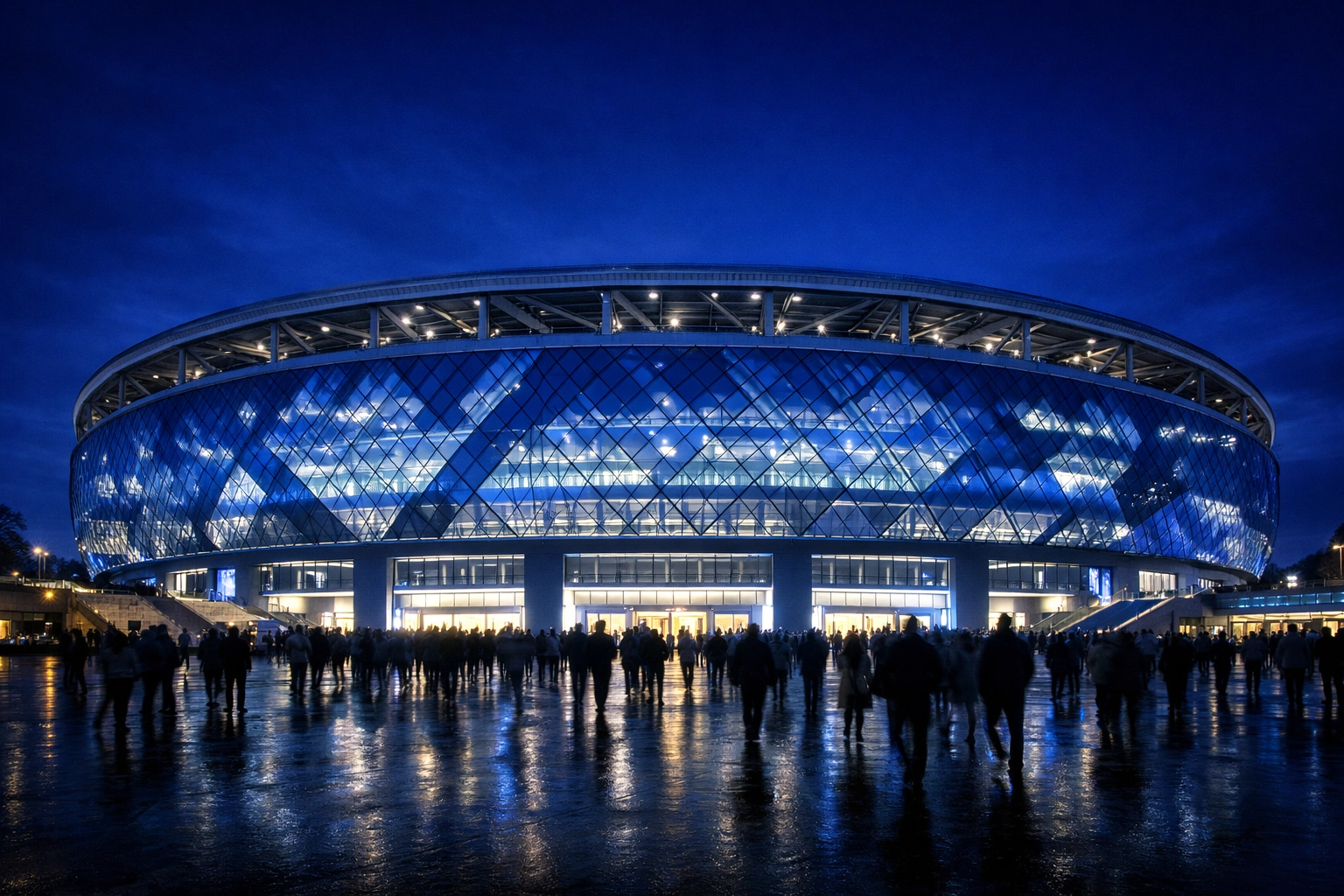 Die beleuchtete VTB Arena in Moskau bei Abenddämmerung vor dem Topspiel gegen Zenit St. Petersburg.