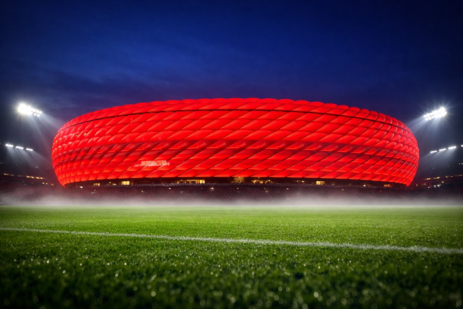 Die beleuchtete Allianz Arena vor dem Bundesliga-Spiel Bayern München gegen SC Freiburg am 28.03.2026.