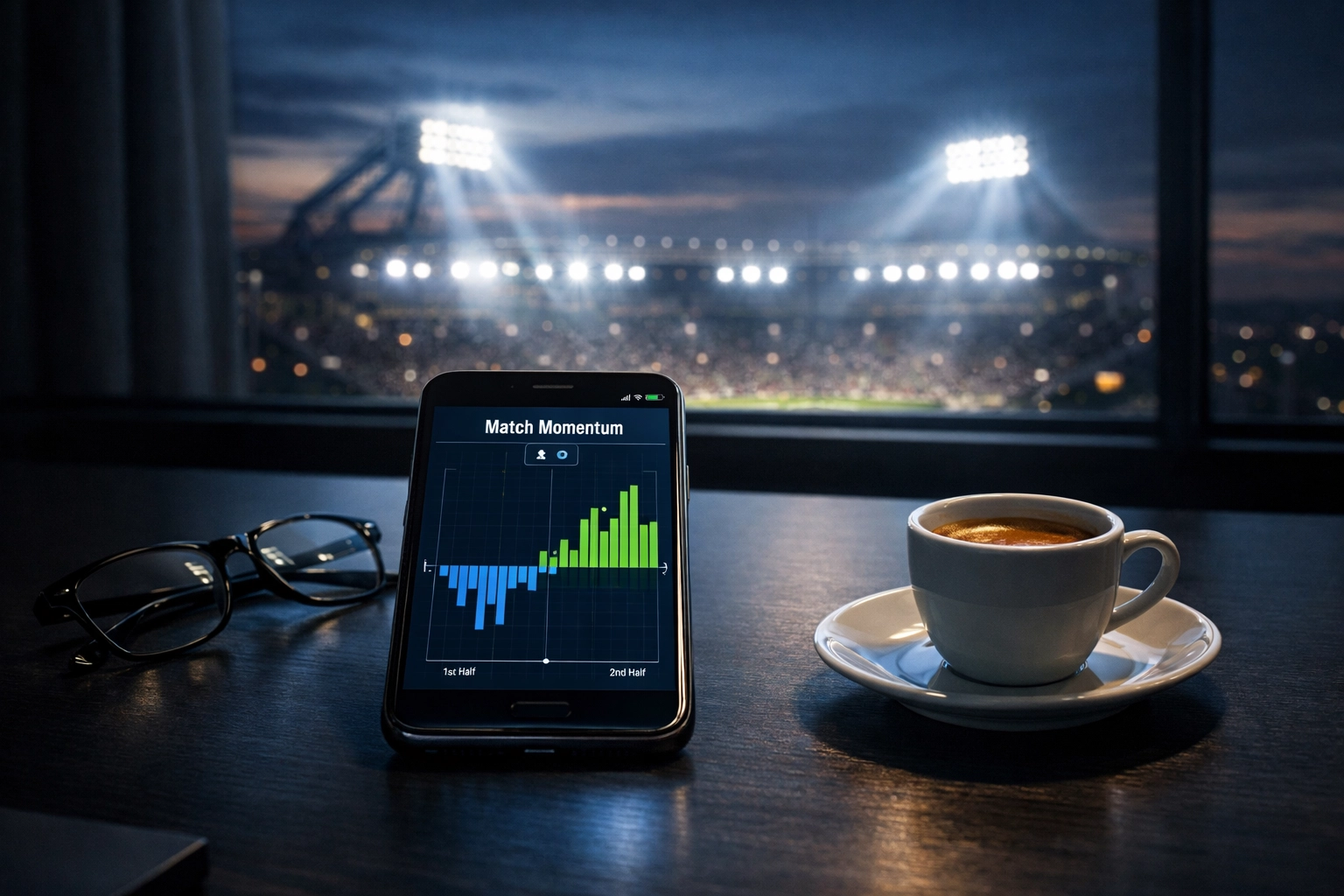 Strategische Überwachung von In-Play-Signalen auf einem Smartphone-Display vor der Kulisse eines Stadions.