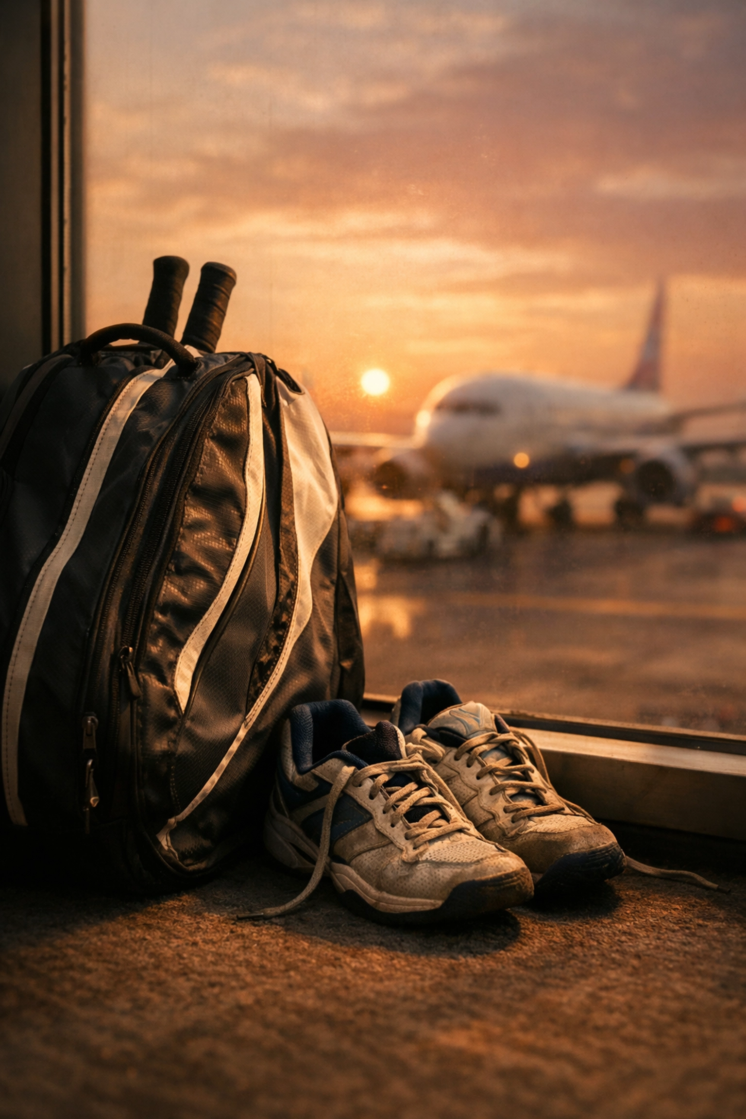 Tennisausrüstung am Flughafen als Symbol für die Reisebelastung auf der ATP-Tour.